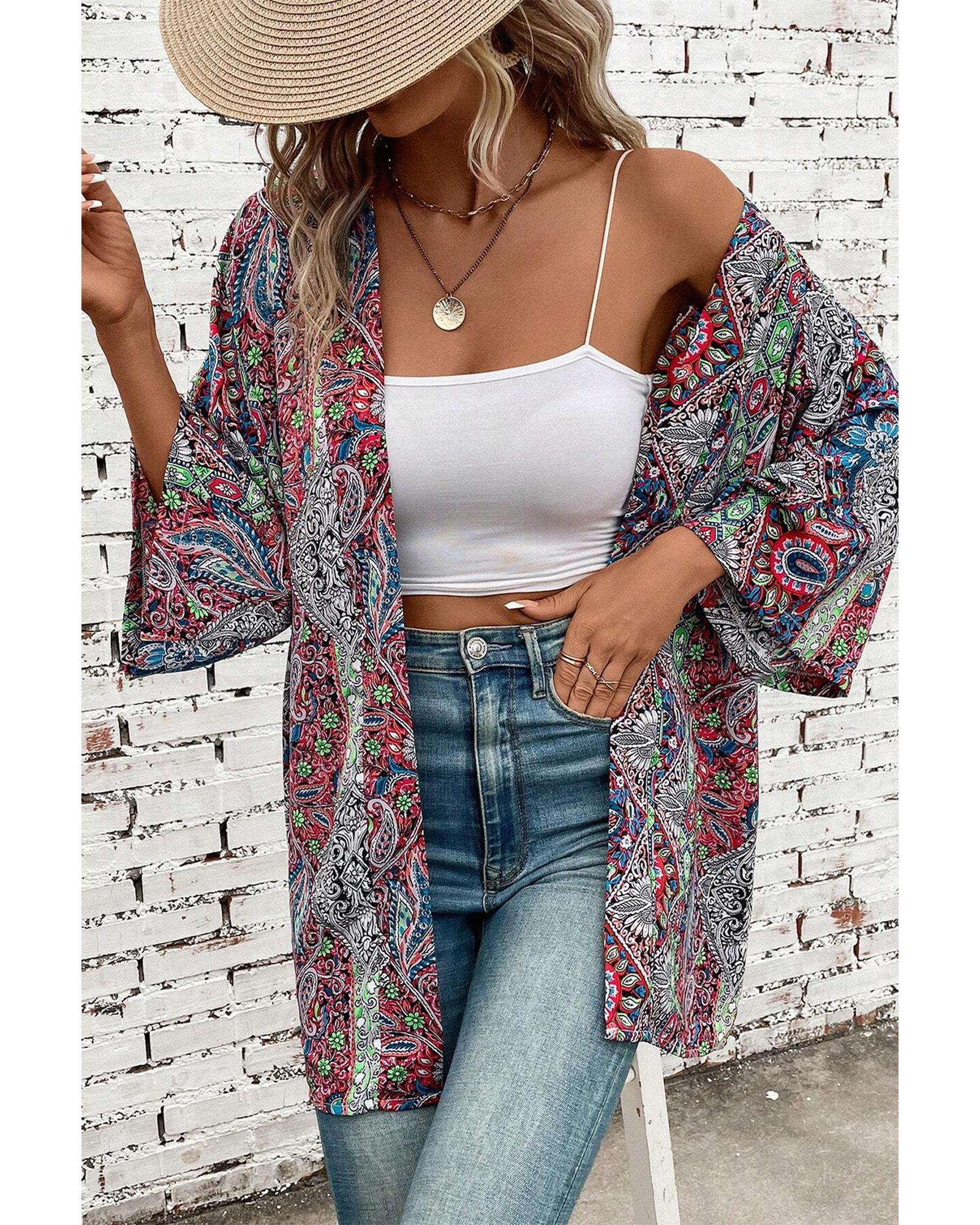 Red Paisley Print Open Front Kimono - XL