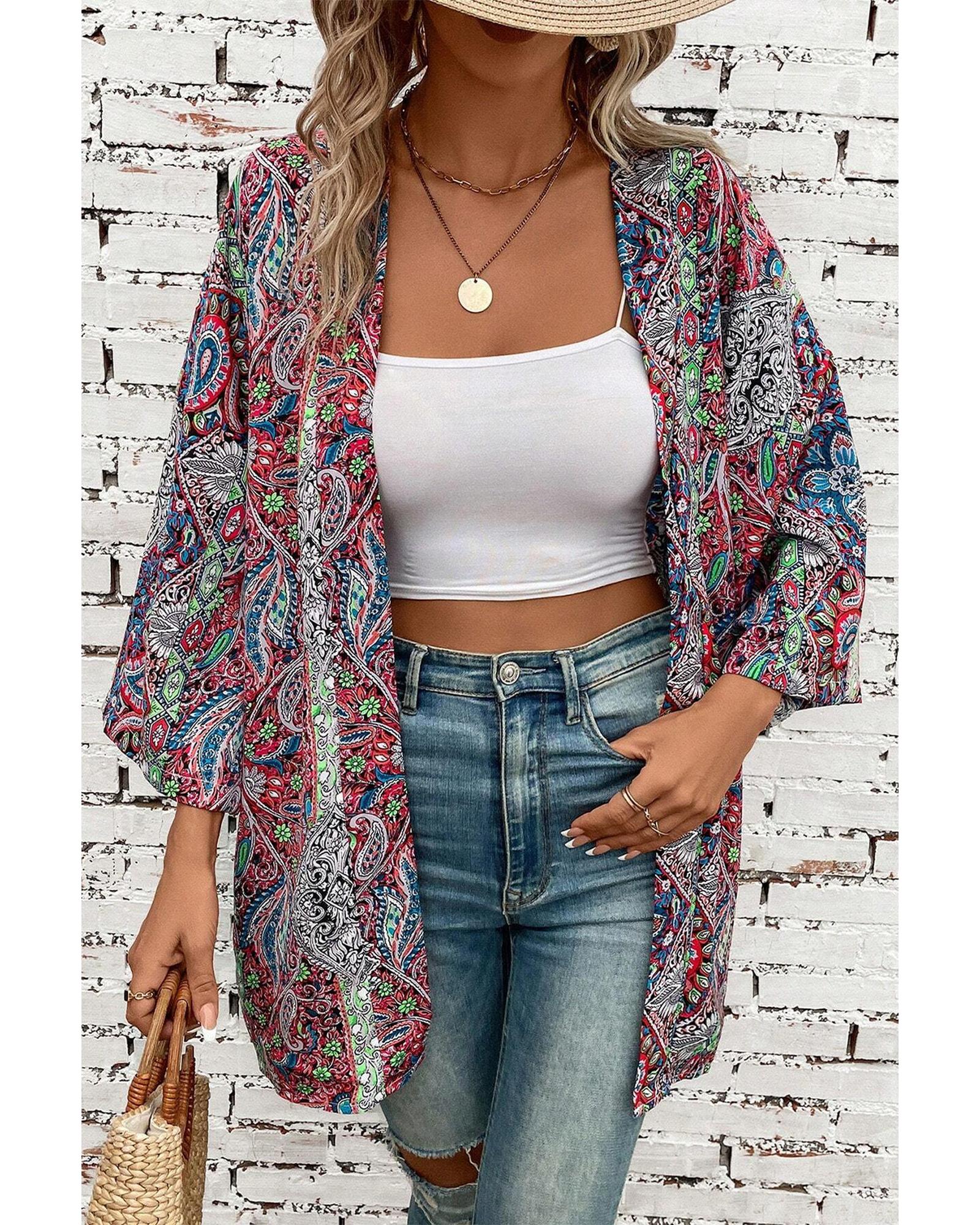 Red Paisley Print Open Front Kimono - XL