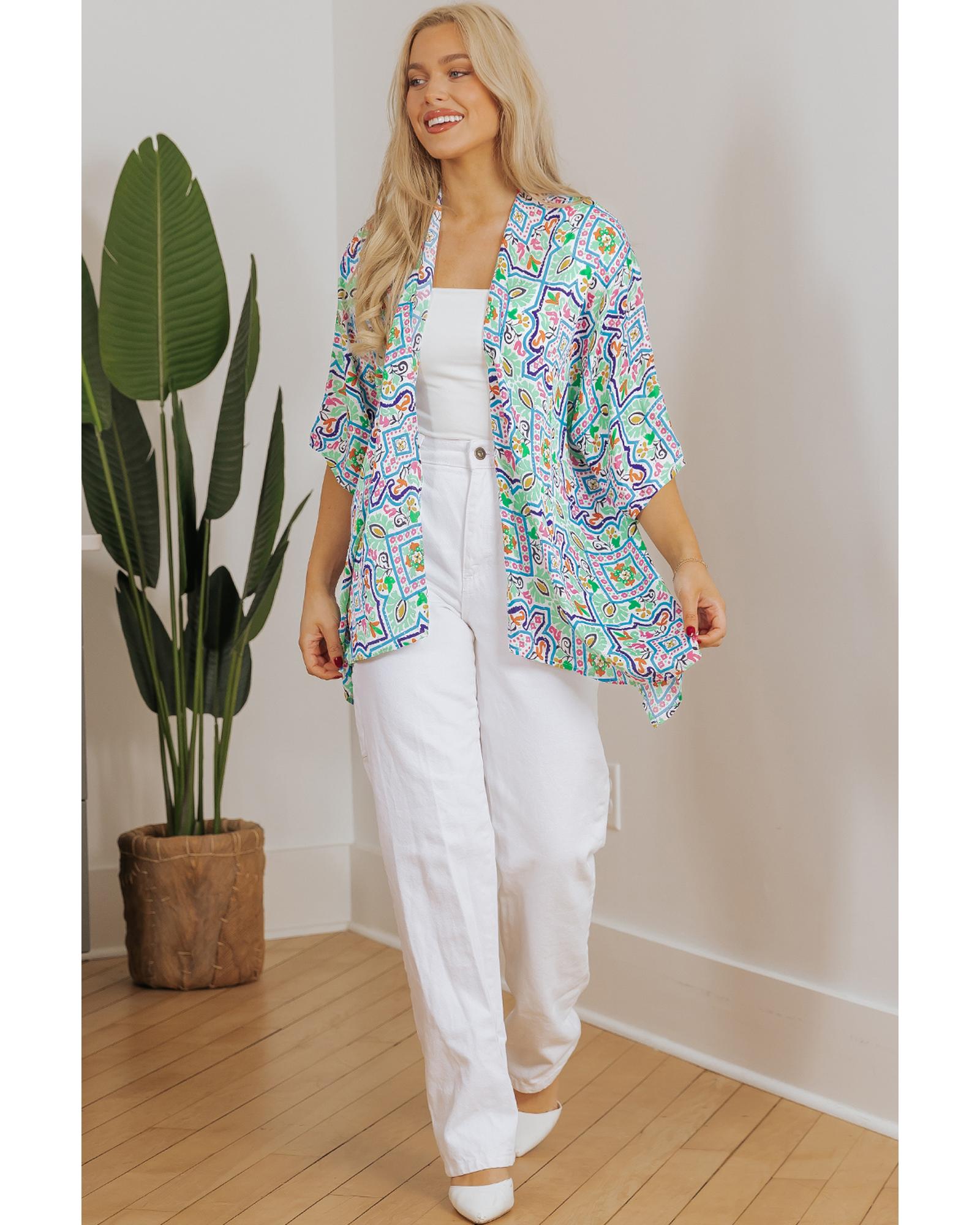 White Boho Floral Printed Rhinestone 3/4 Sleeve Open Front Kimono - M