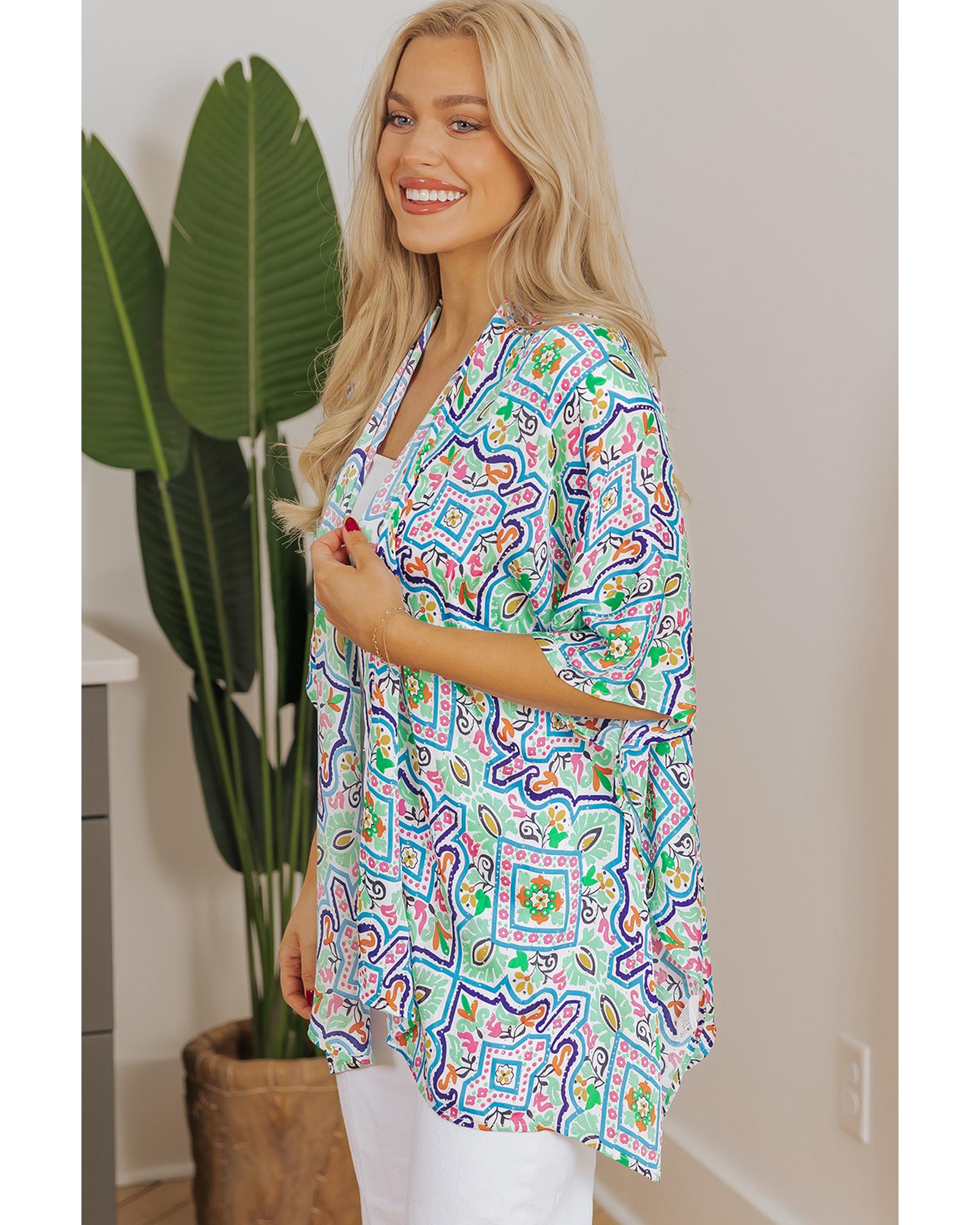 White Boho Floral Printed Rhinestone 3/4 Sleeve Open Front Kimono - S