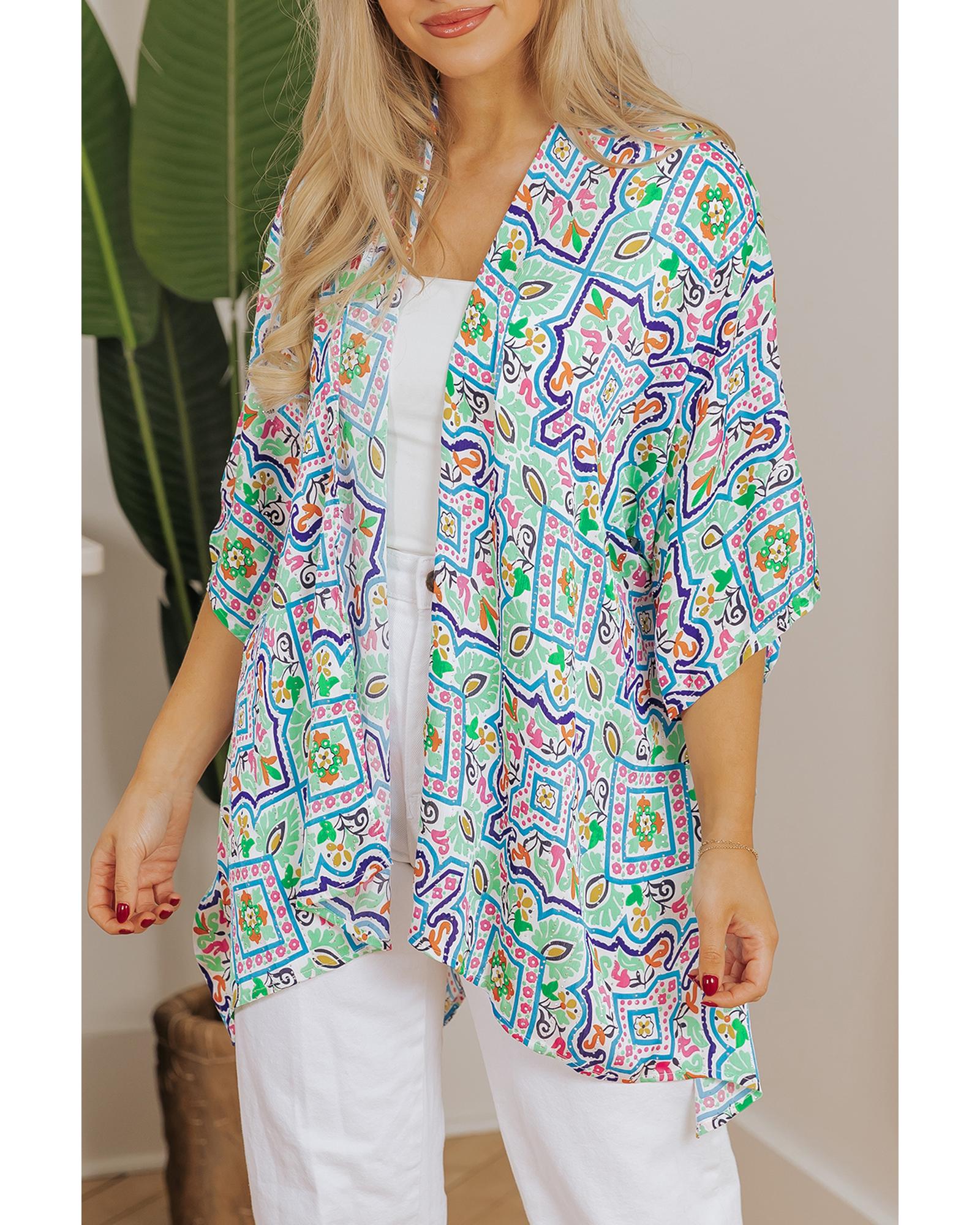 White Boho Floral Printed Rhinestone 3/4 Sleeve Open Front Kimono - S