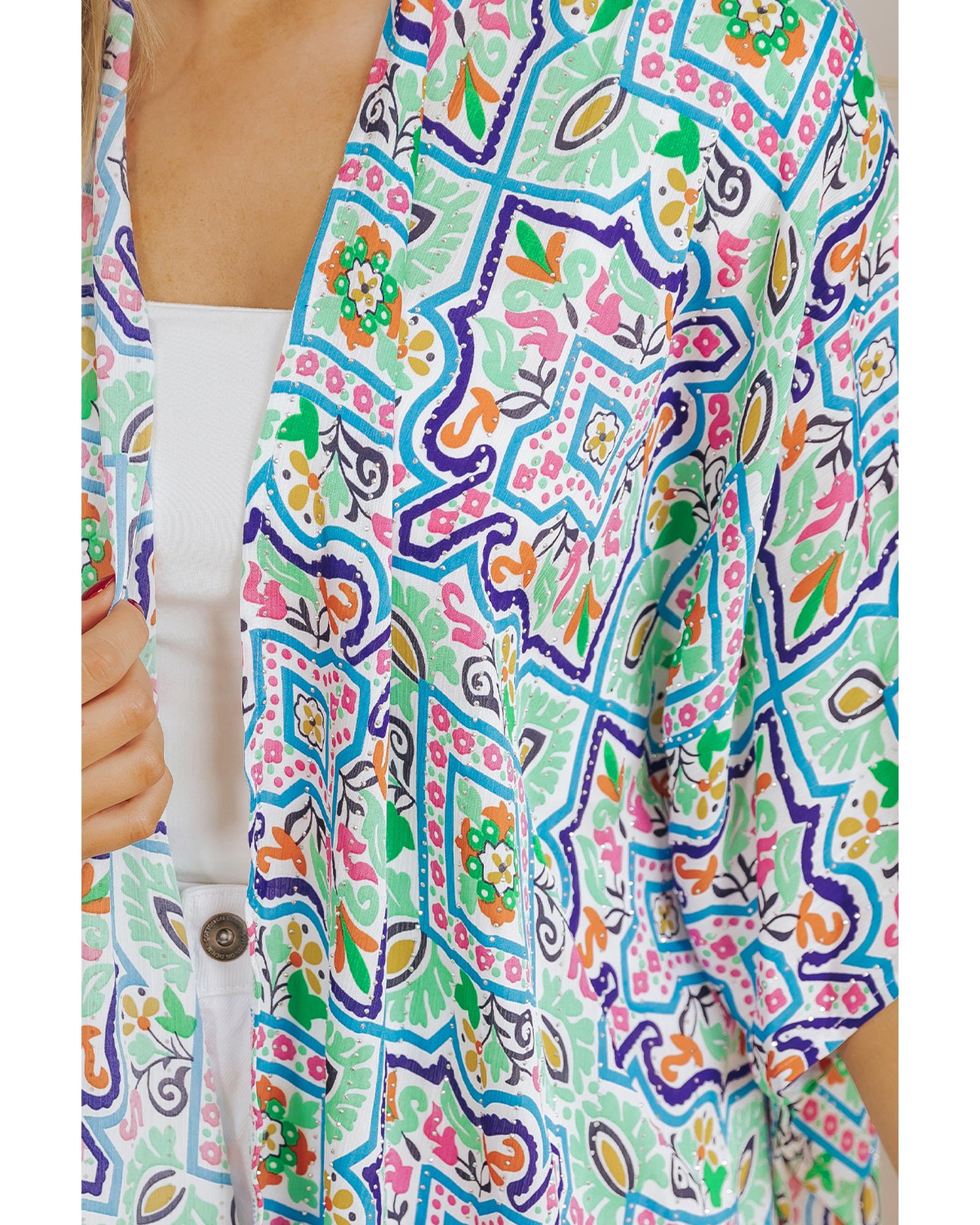 White Boho Floral Printed Rhinestone 3/4 Sleeve Open Front Kimono - S