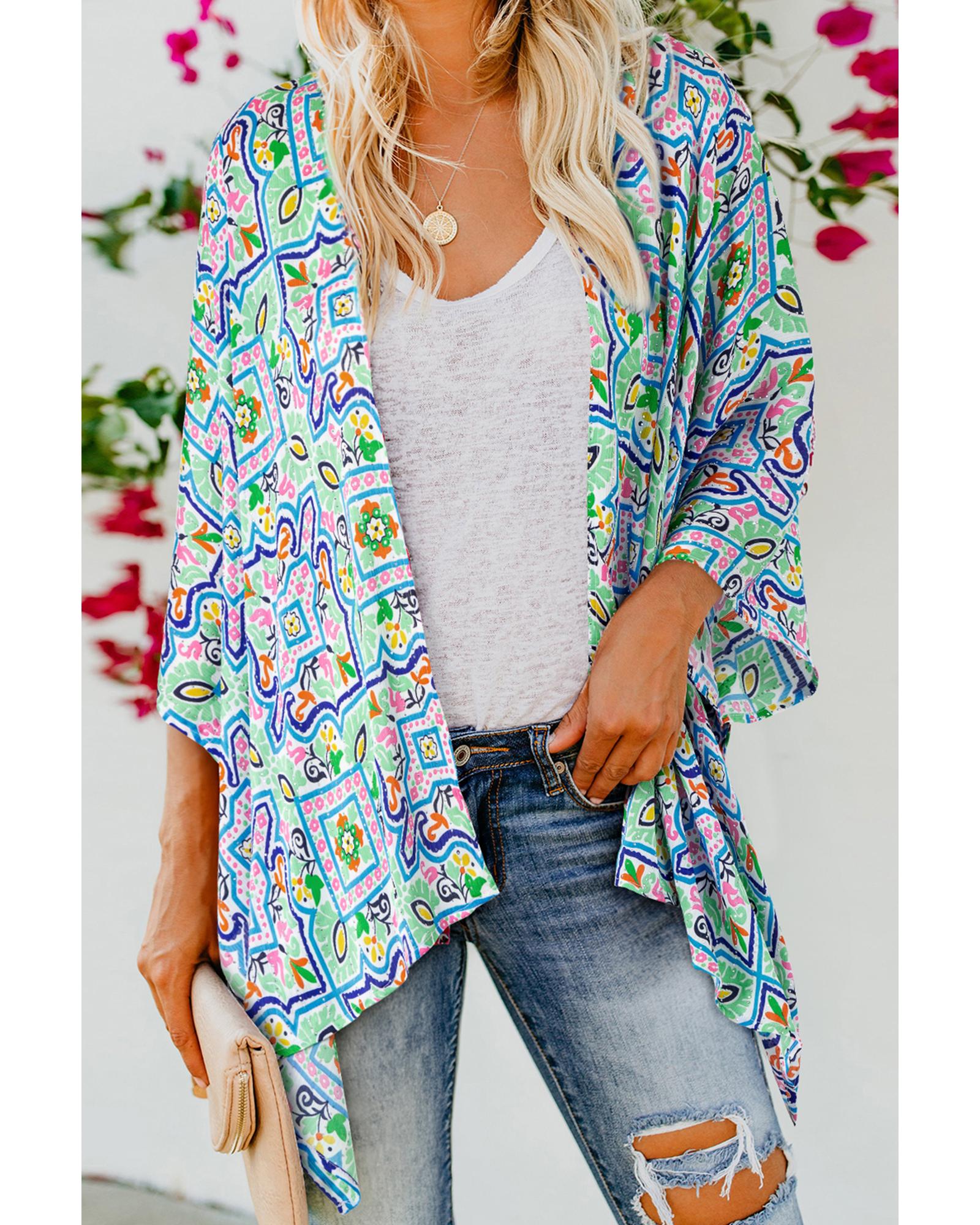 White Boho Floral Printed Rhinestone 3/4 Sleeve Open Front Kimono - S