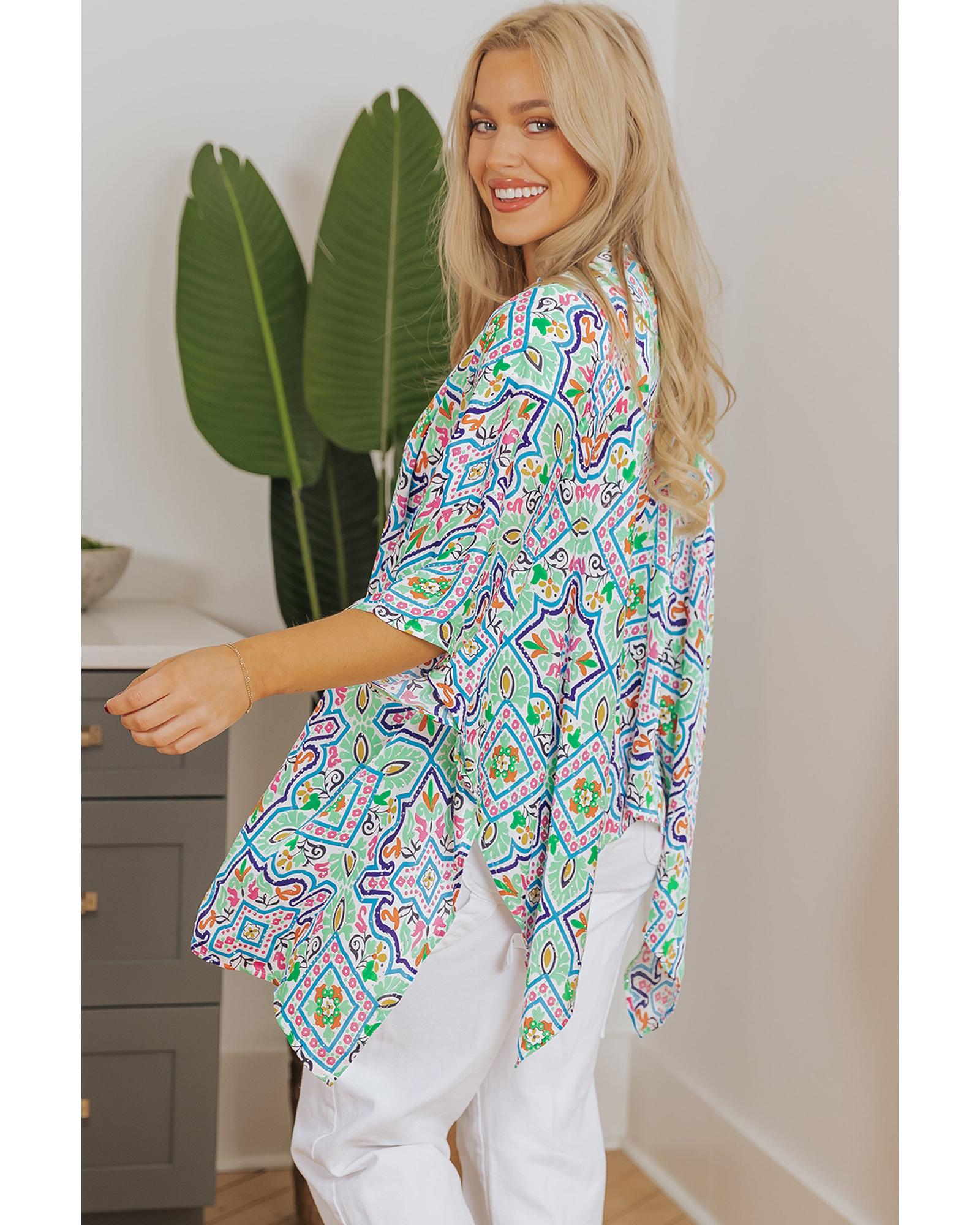 White Boho Floral Printed Rhinestone 3/4 Sleeve Open Front Kimono - XL