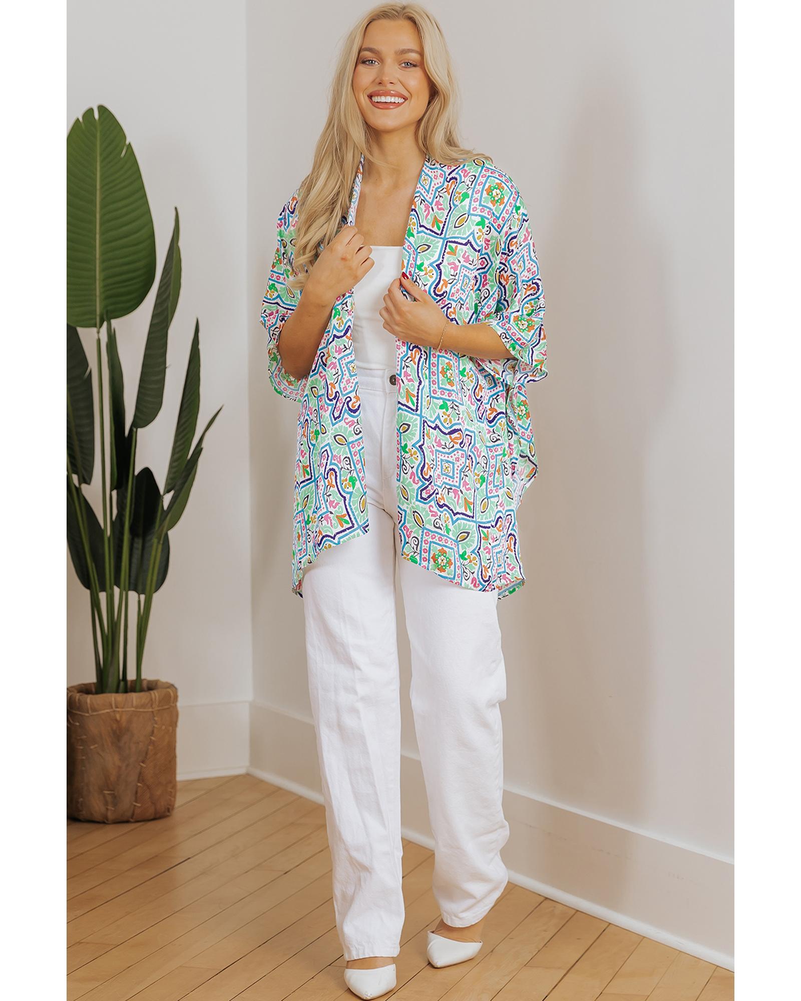 White Boho Floral Printed Rhinestone 3/4 Sleeve Open Front Kimono - XL