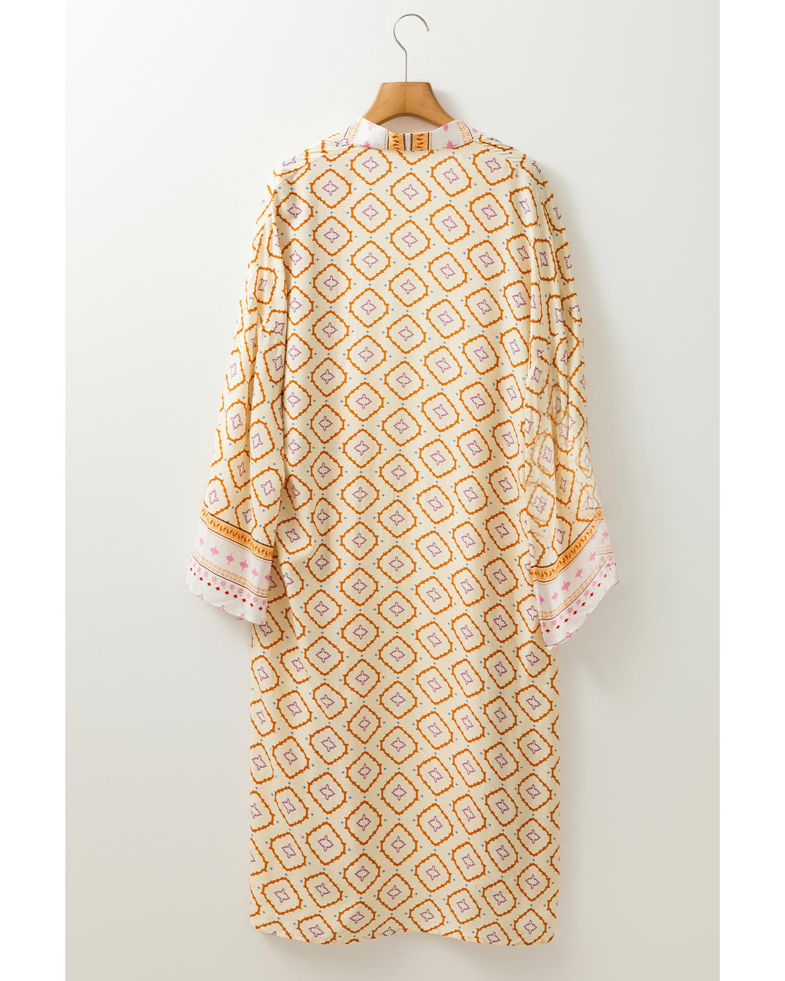 Yellow Bohemian Geometric Printed Loose Sleeve Long Kimono - L