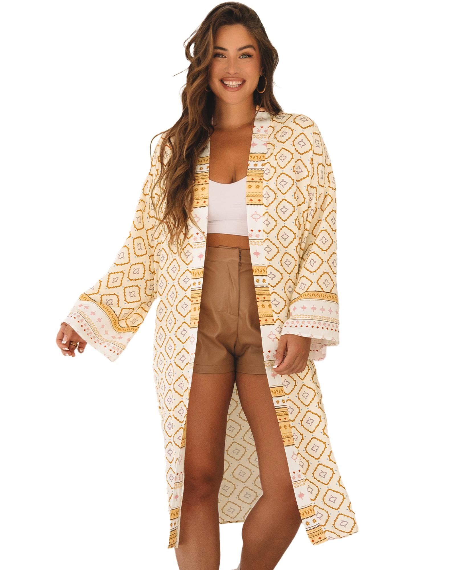 Yellow Bohemian Geometric Printed Loose Sleeve Long Kimono - M