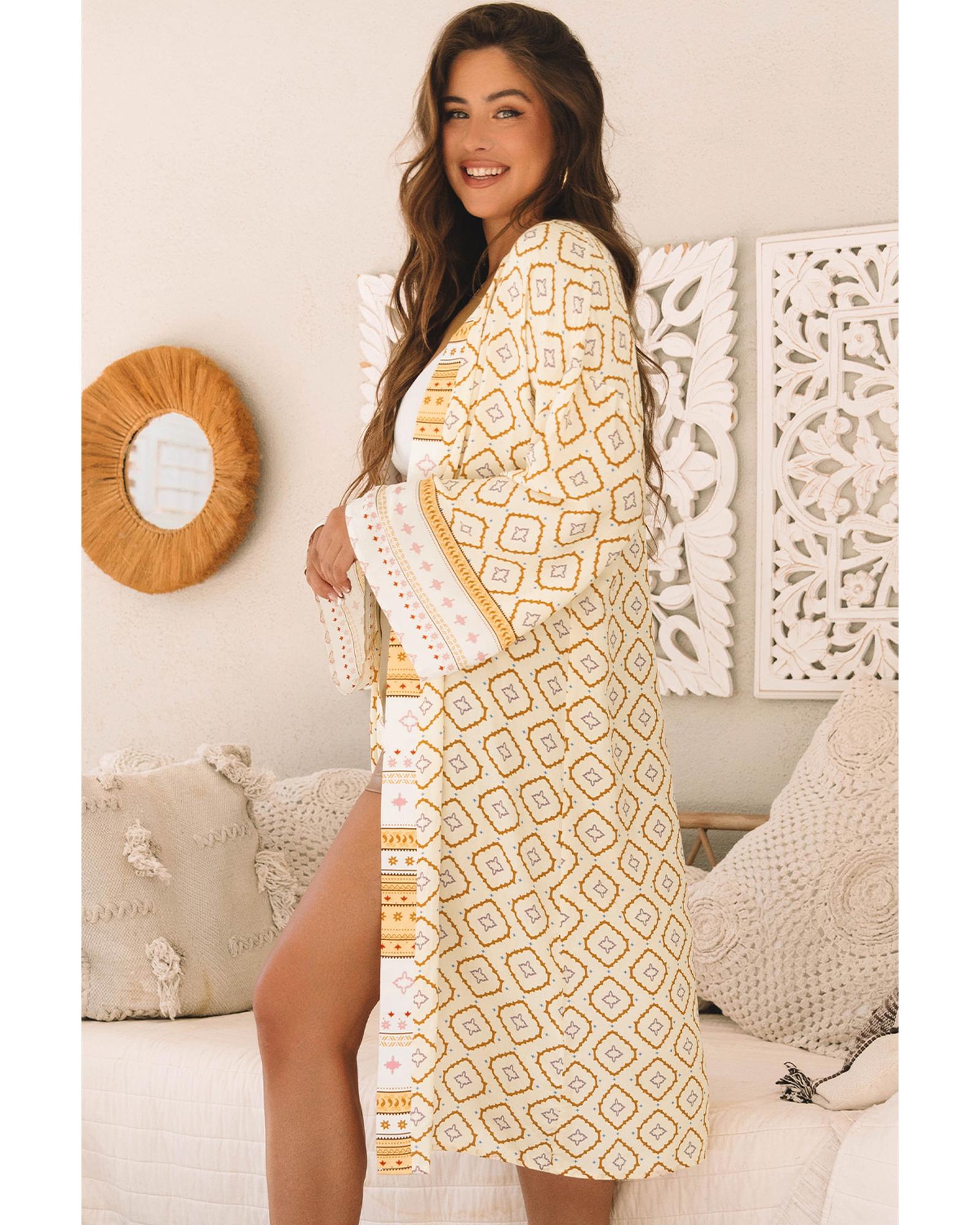 Yellow Bohemian Geometric Printed Loose Sleeve Long Kimono - M