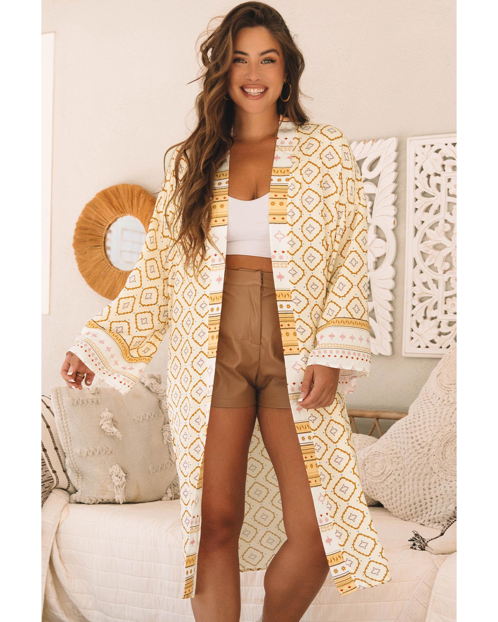 Yellow Bohemian Geometric Printed Loose Sleeve Long Kimono - S