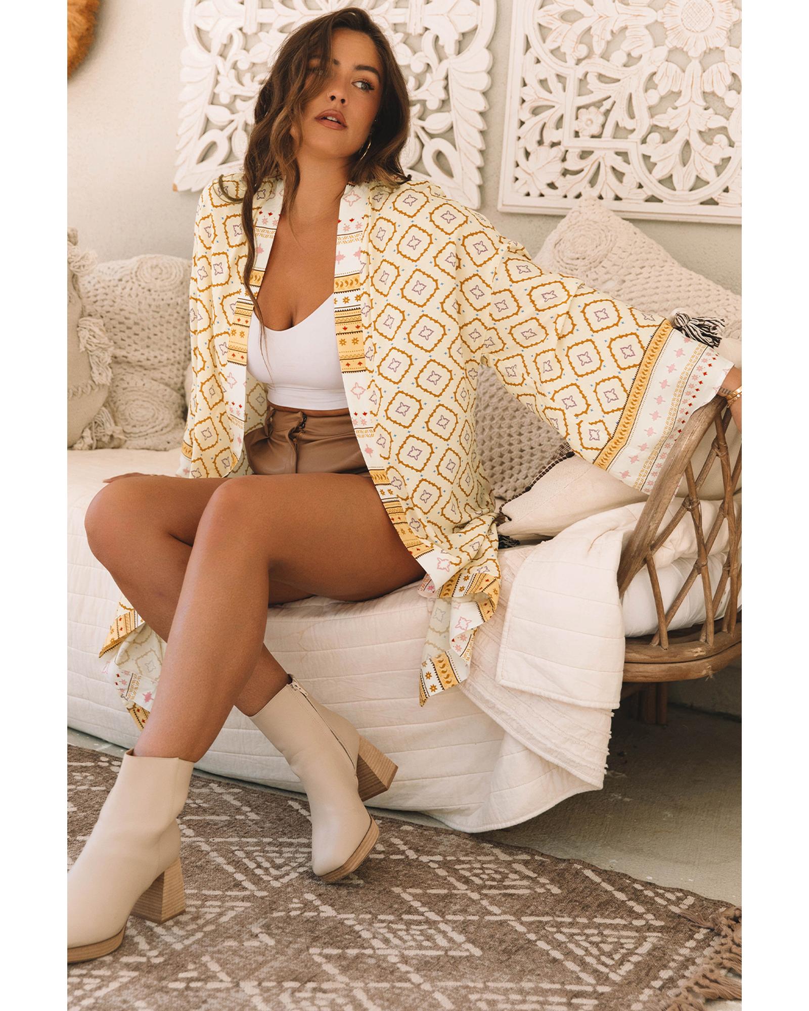 Yellow Bohemian Geometric Printed Loose Sleeve Long Kimono - S