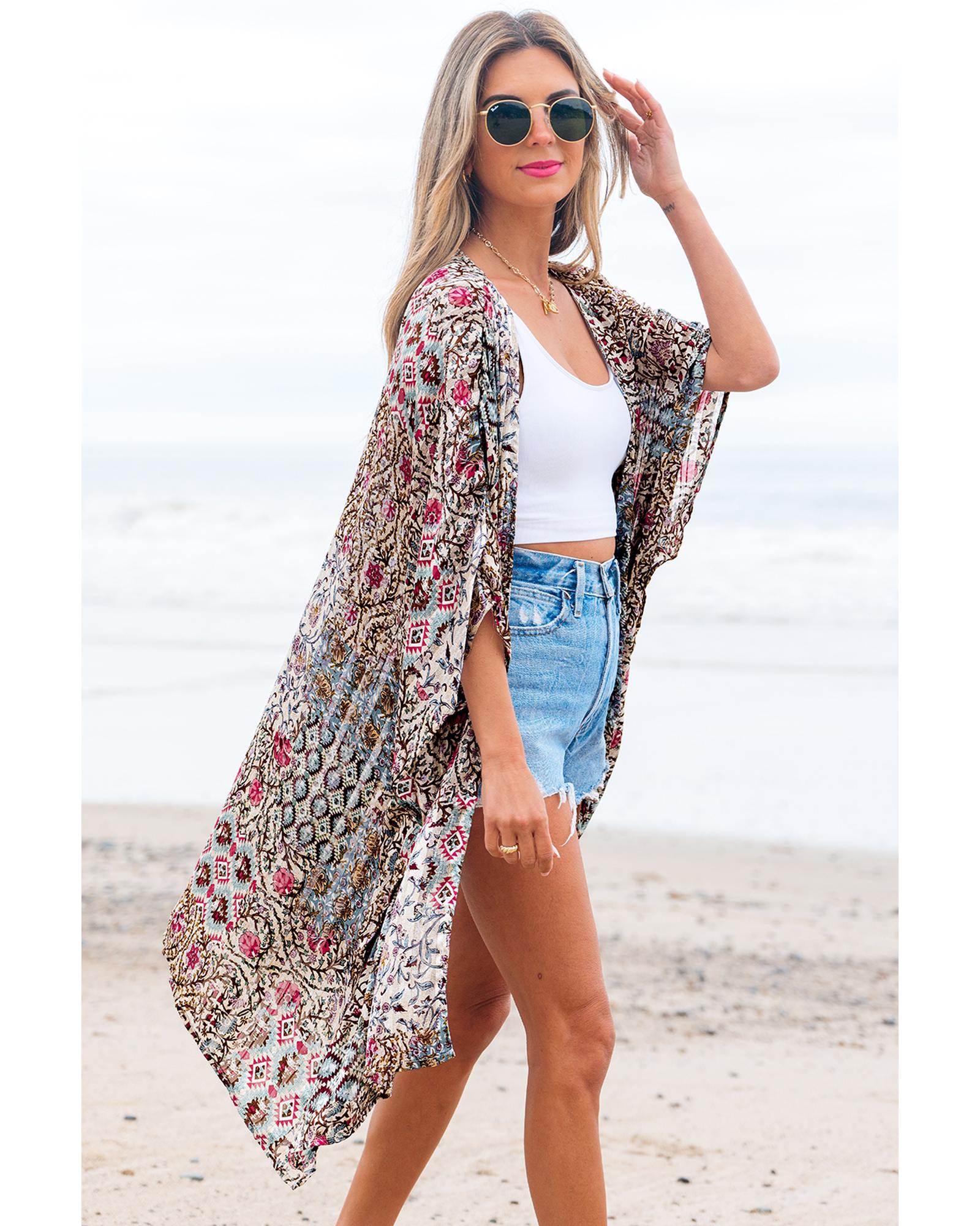 Apricot Floral Print Short Wide Sleeve Open Front Loose Kimono - One Size