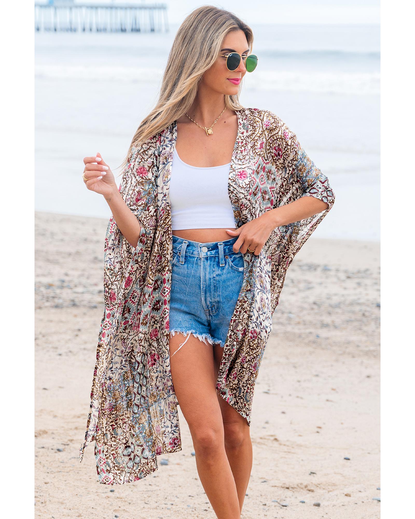 Apricot Floral Print Short Wide Sleeve Open Front Loose Kimono - One Size
