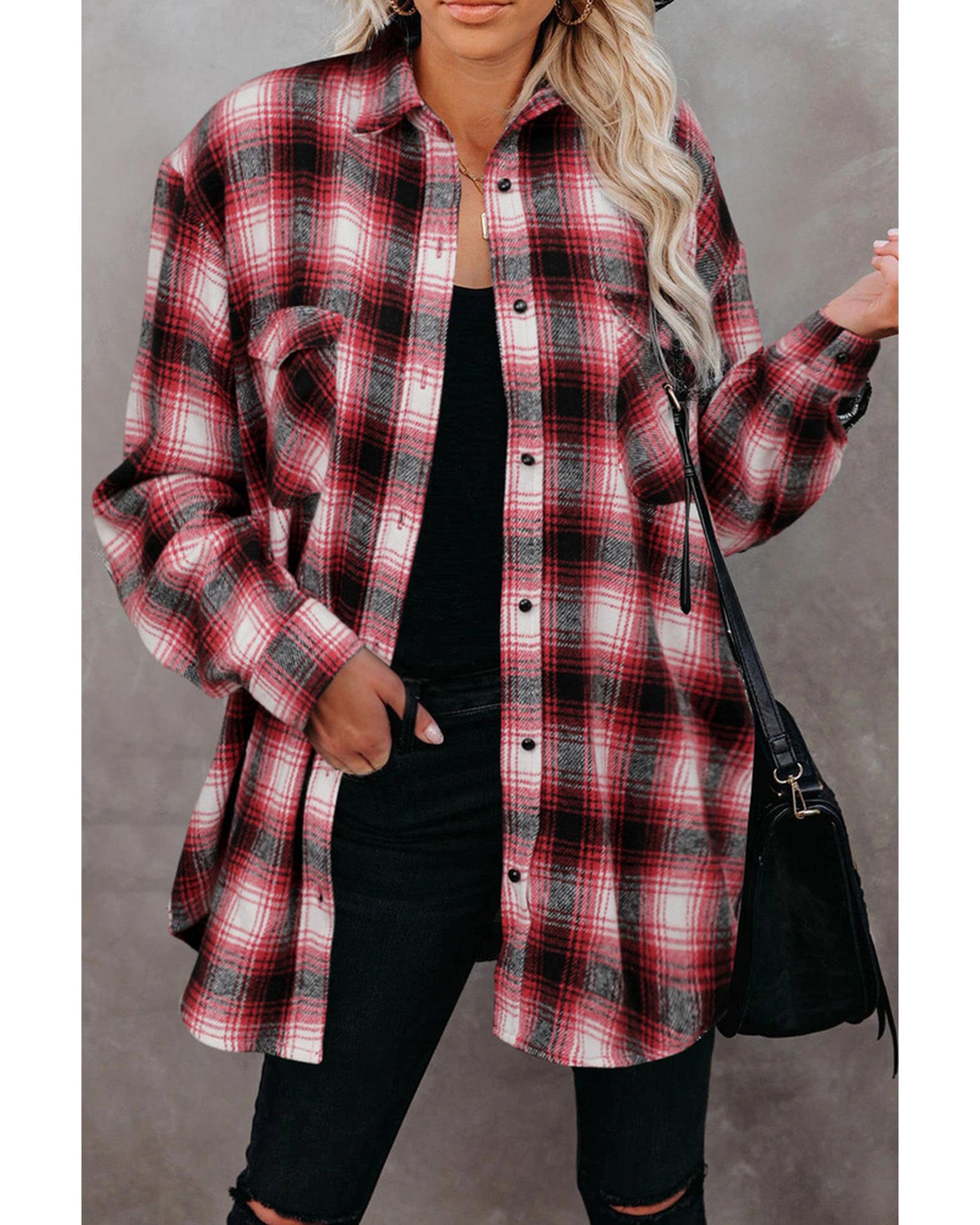 Azura Exchange Plaid Shacket with Buttons Pockets - M