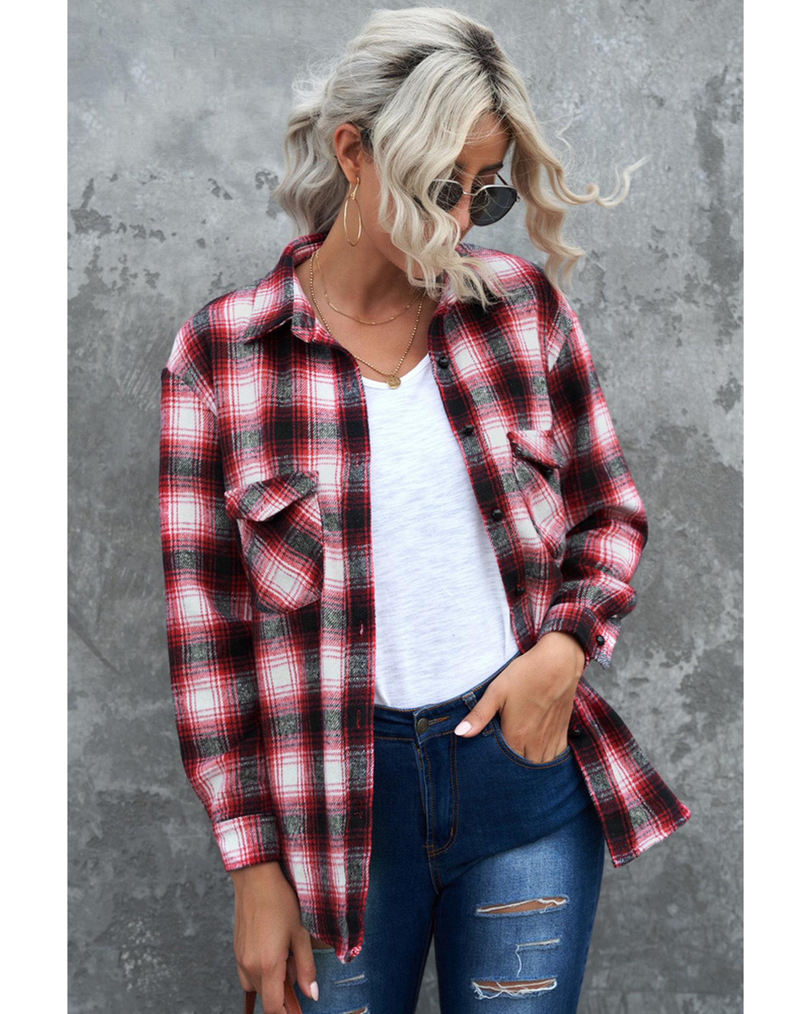 Azura Exchange Plaid Shacket with Buttons Pockets - M