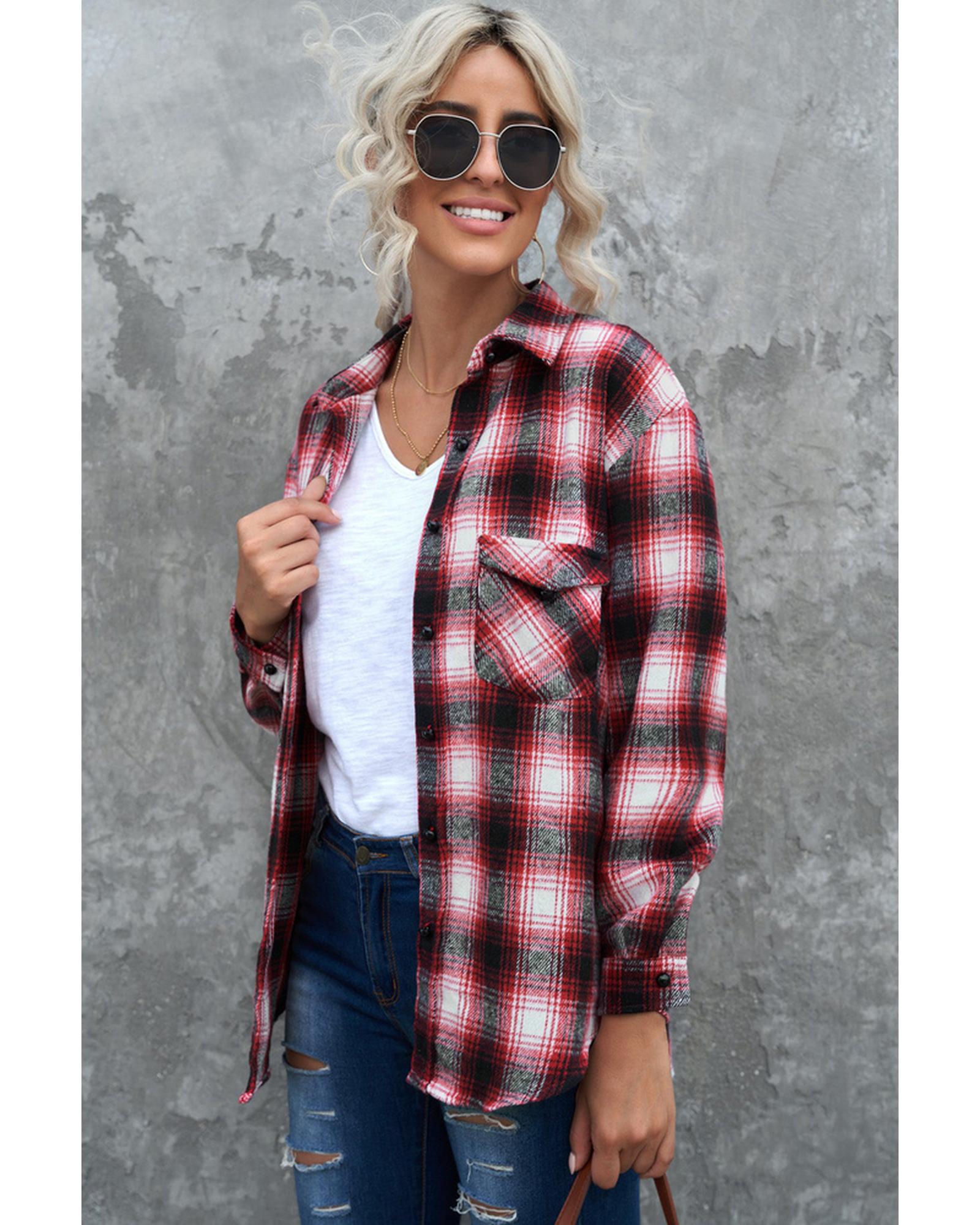Azura Exchange Plaid Shacket with Buttons Pockets - M