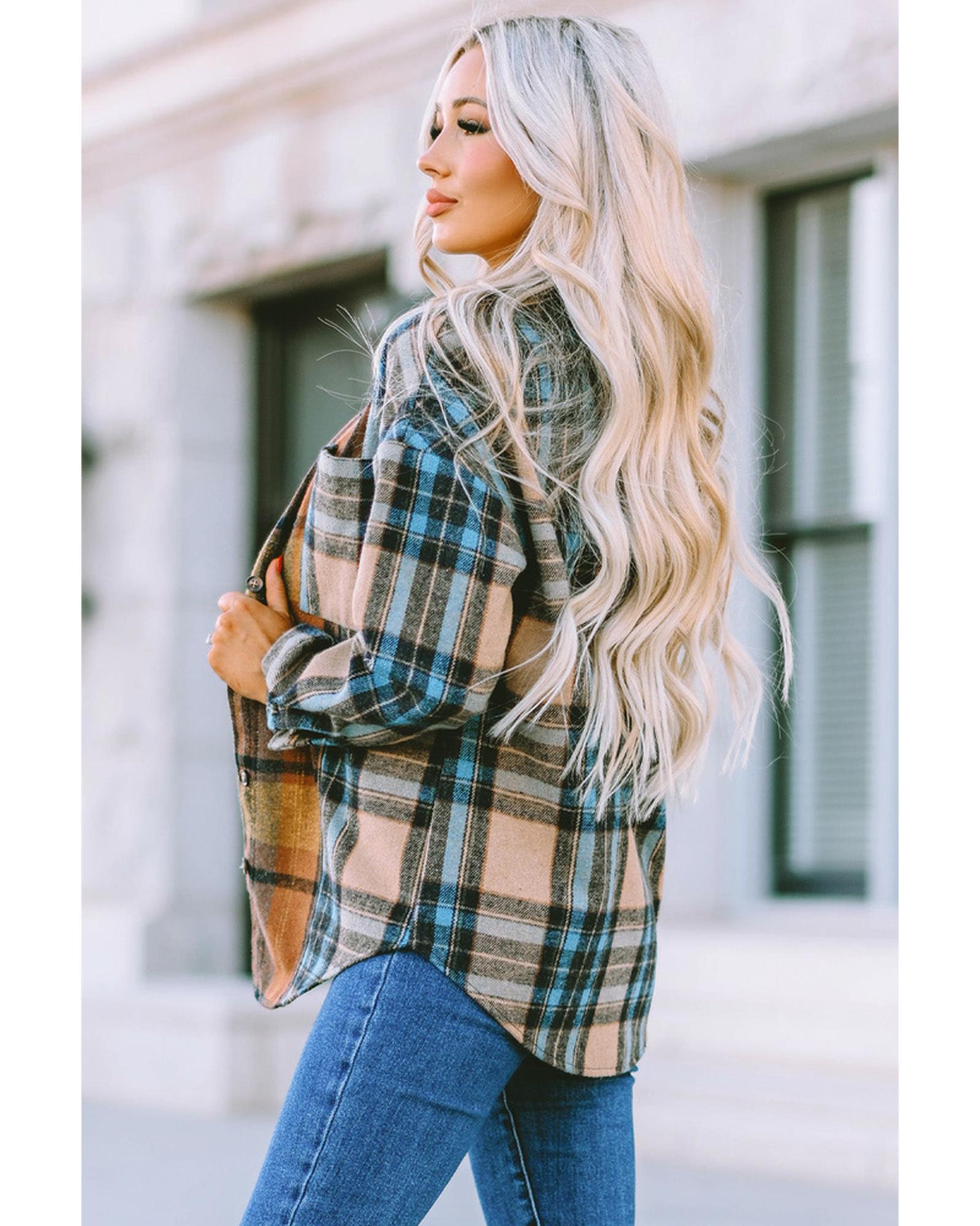 Azura Exchange Color Block Plaid Shirt with Buttoned Details - L