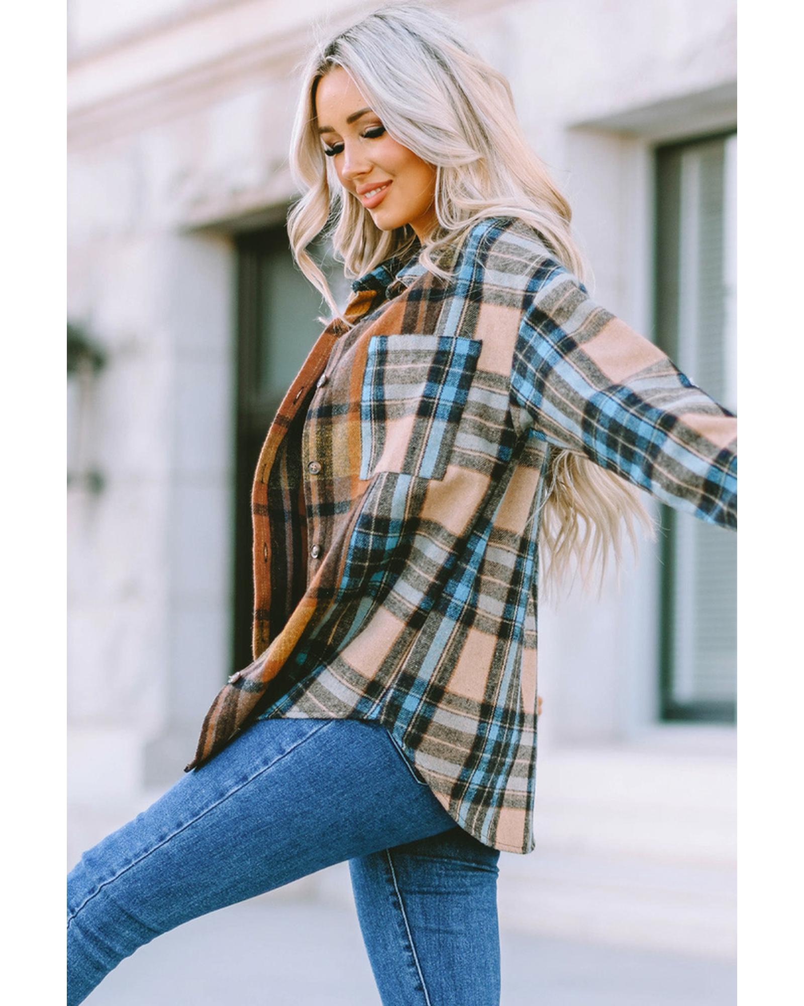 Azura Exchange Color Block Plaid Shirt with Buttoned Details - L