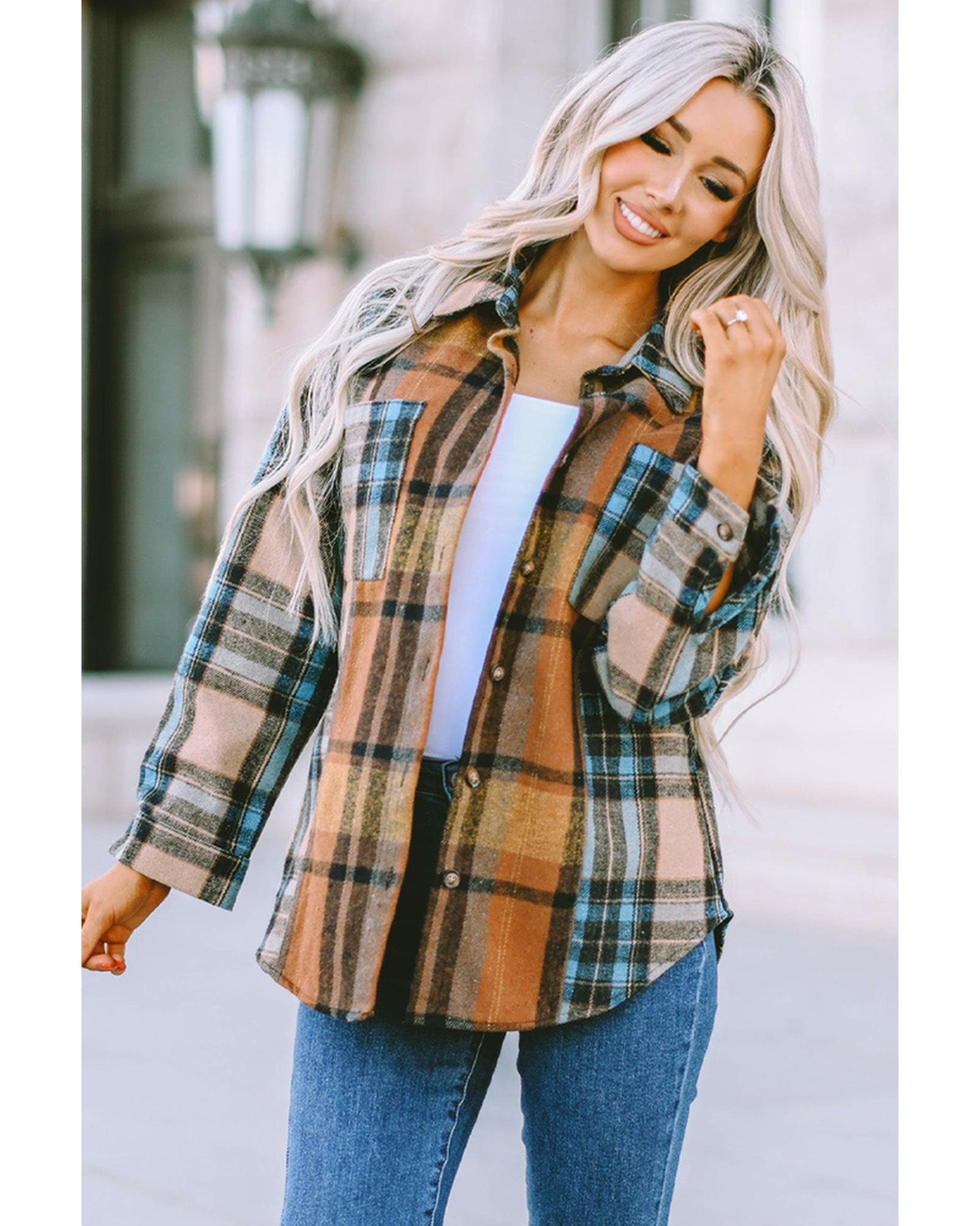 Azura Exchange Color Block Plaid Shirt with Buttoned Details - L