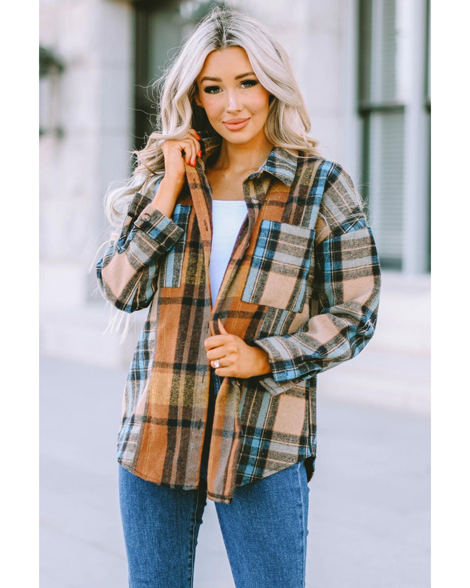 Azura Exchange Color Block Plaid Shirt with Buttoned Details - L