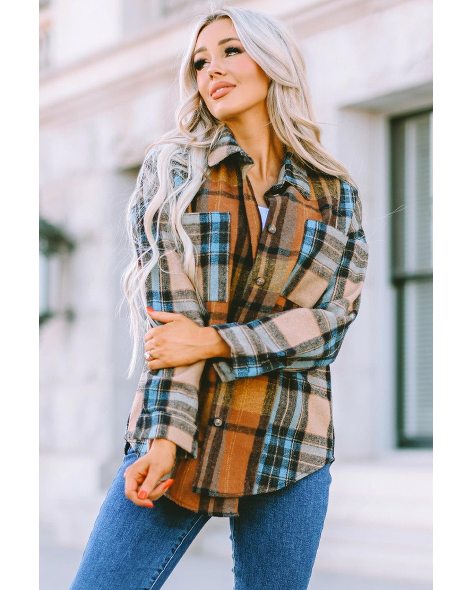 Azura Exchange Color Block Plaid Shirt with Buttoned Details - L