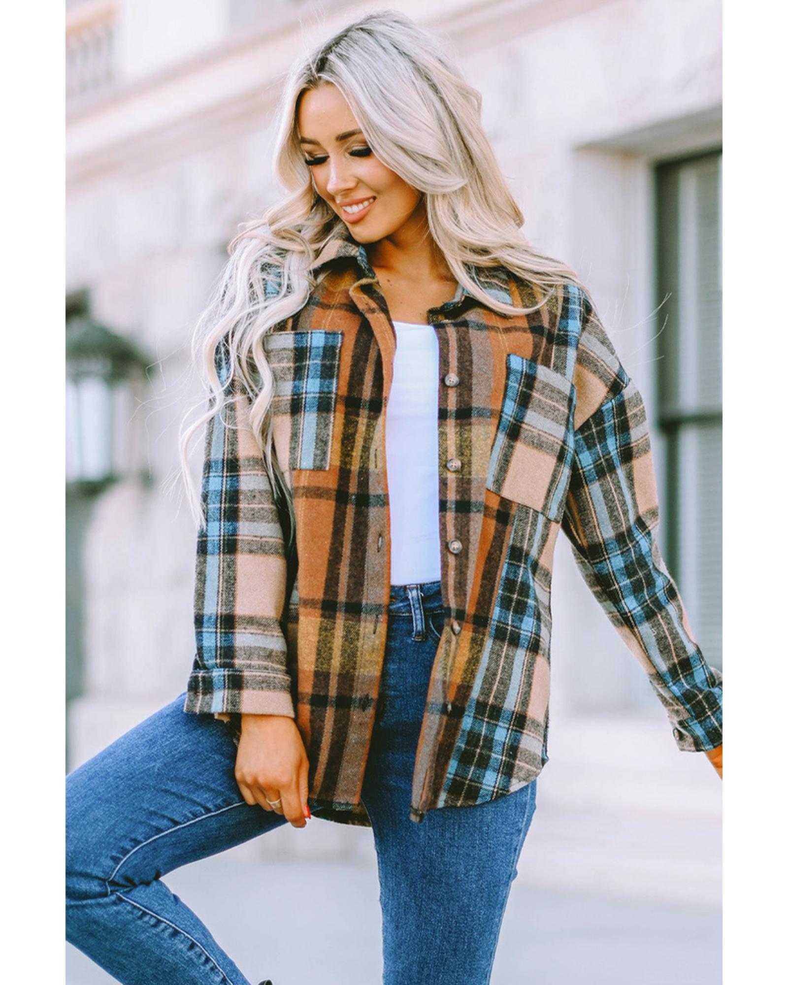 Azura Exchange Color Block Plaid Shirt with Buttoned Details - L