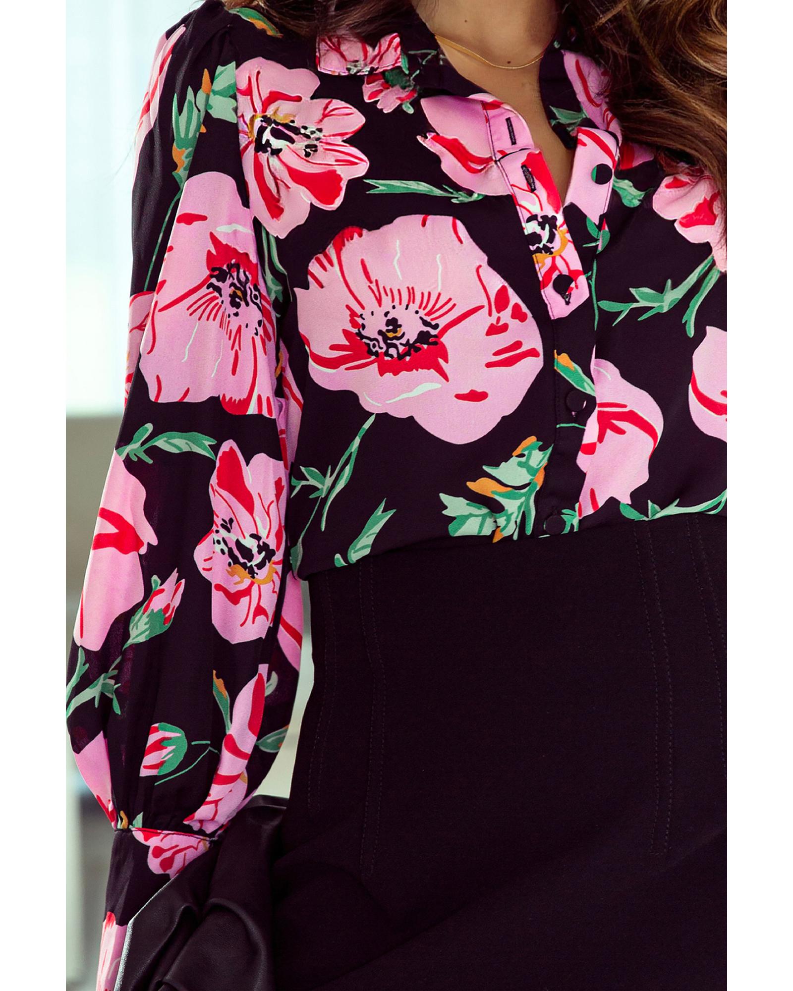 Azura Exchange Floral Print Lantern Sleeve Shirt - S