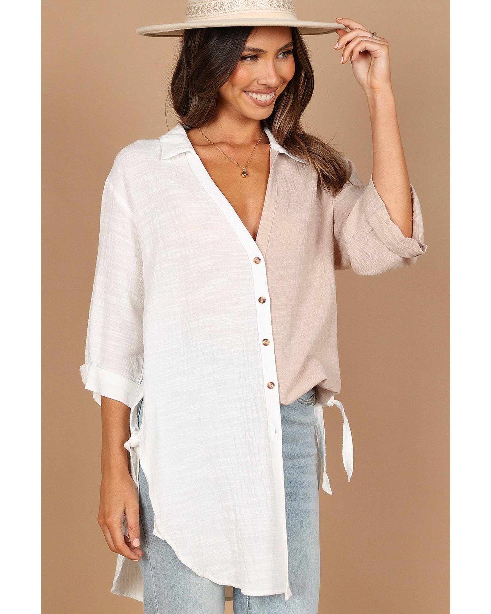 Azura Exchange Contrast Colorblock V Neck Collared Shirt - S