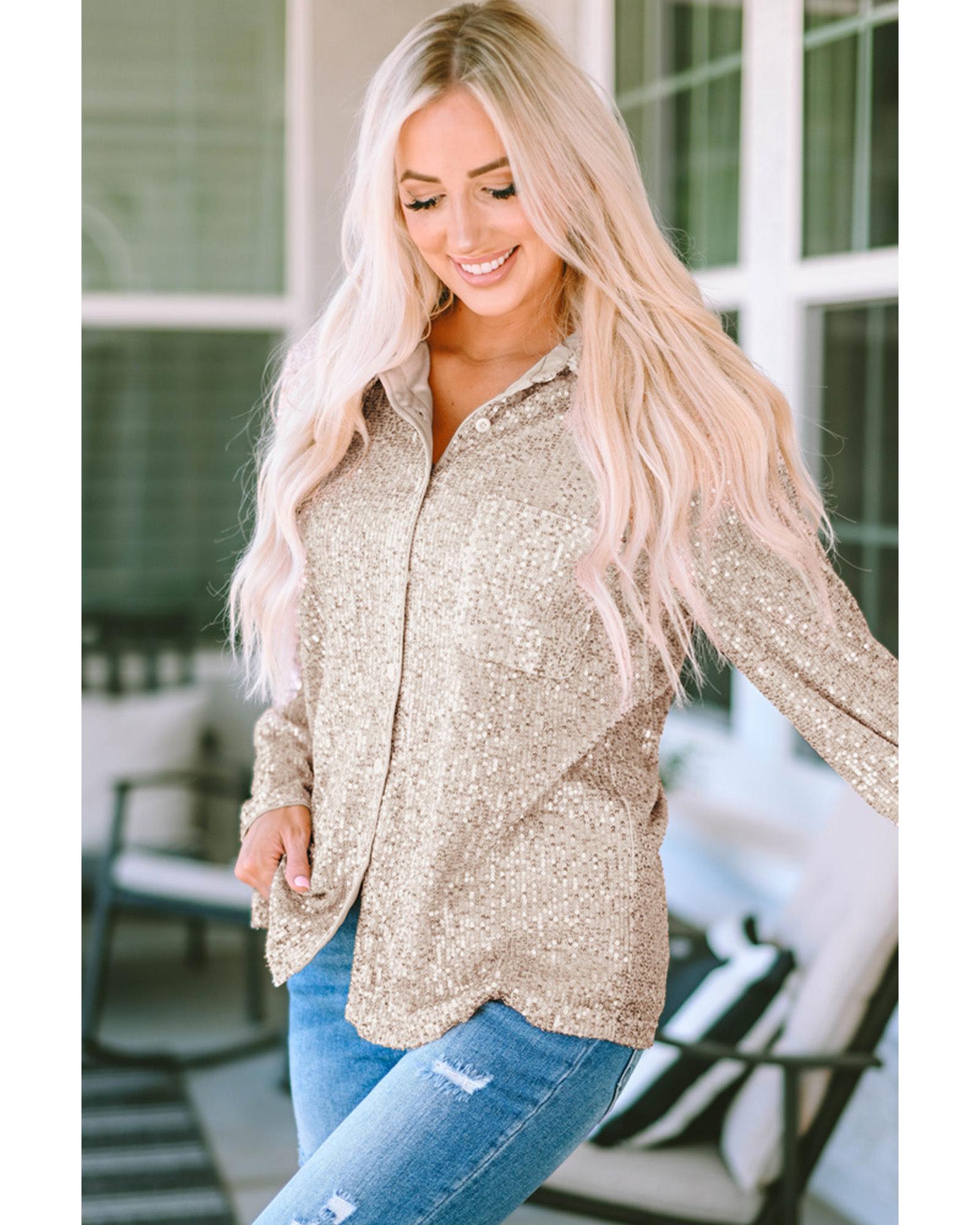 Azura Exchange Sequin Collared Bust Pocket Buttoned Shirt - L