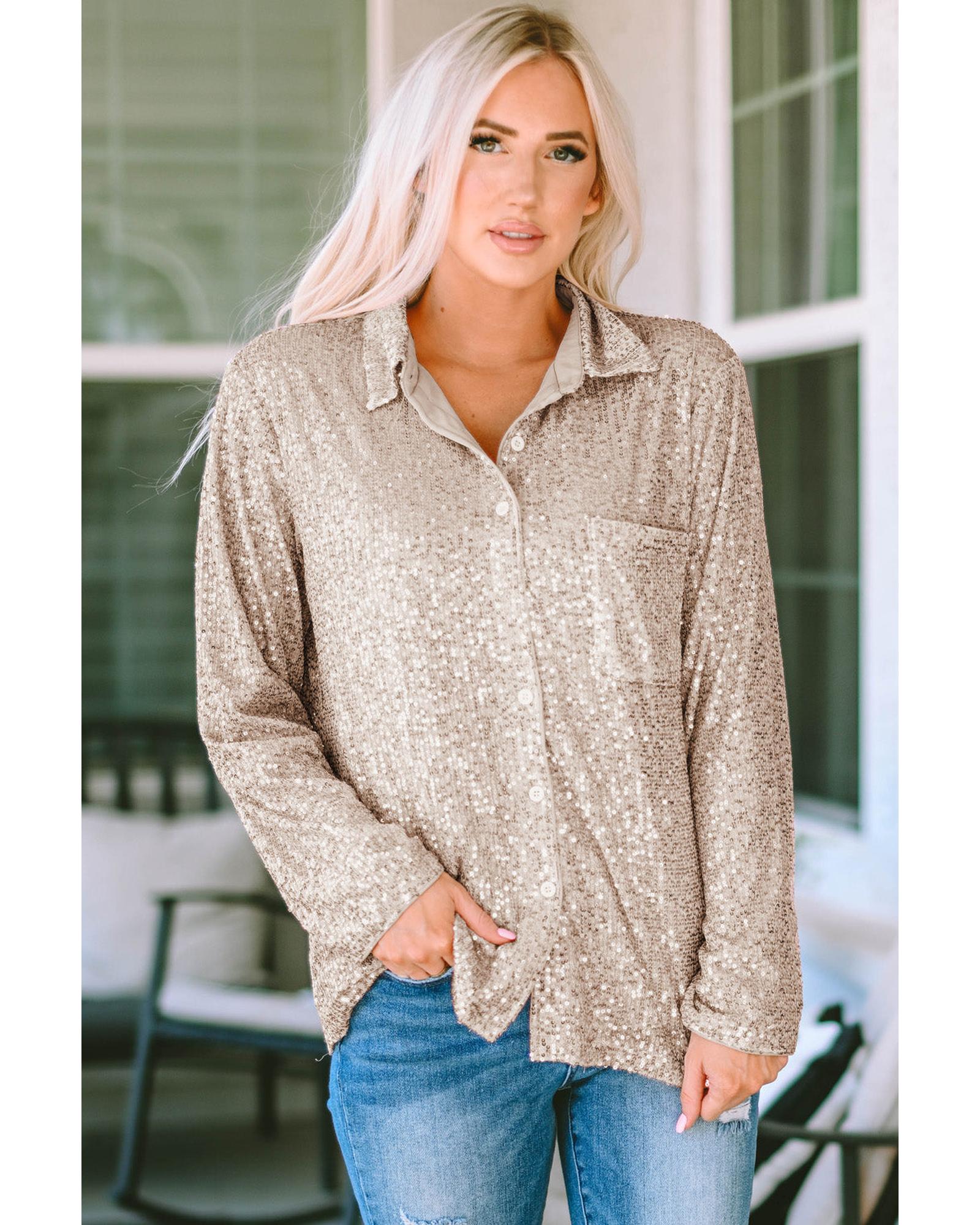 Azura Exchange Sequin Collared Bust Pocket Buttoned Shirt - L