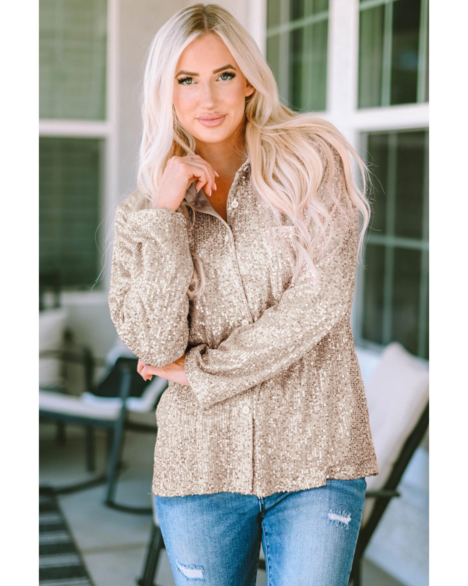 Azura Exchange Sequin Collared Bust Pocket Buttoned Shirt - L