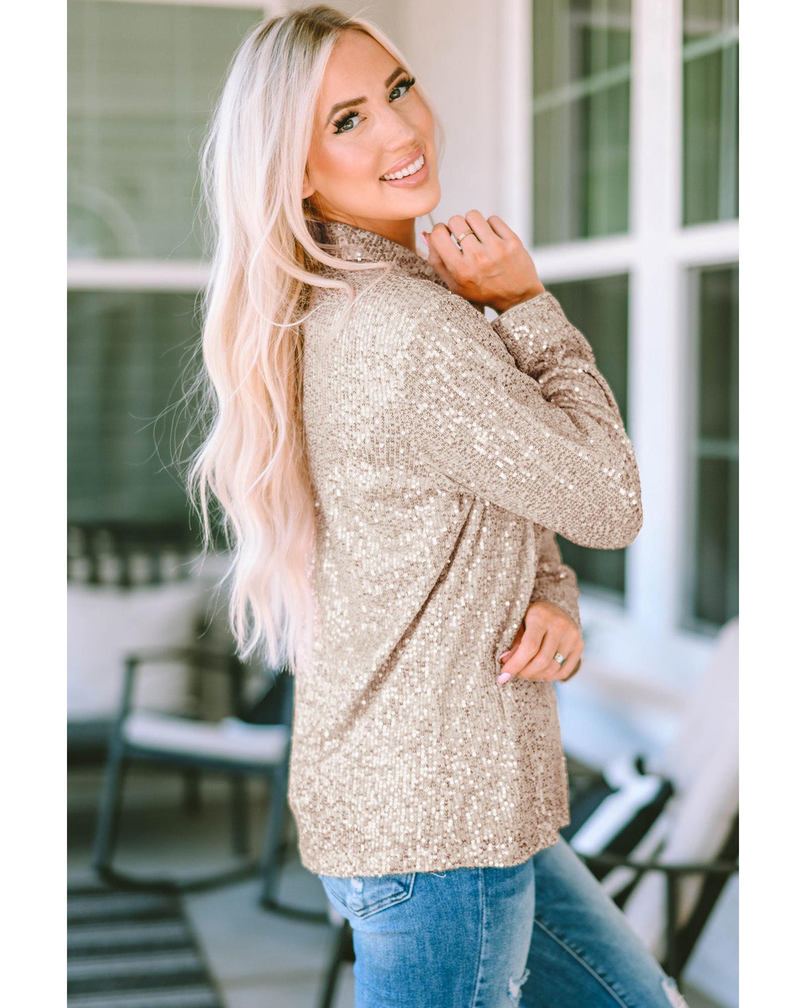 Azura Exchange Sequin Collared Bust Pocket Buttoned Shirt - L