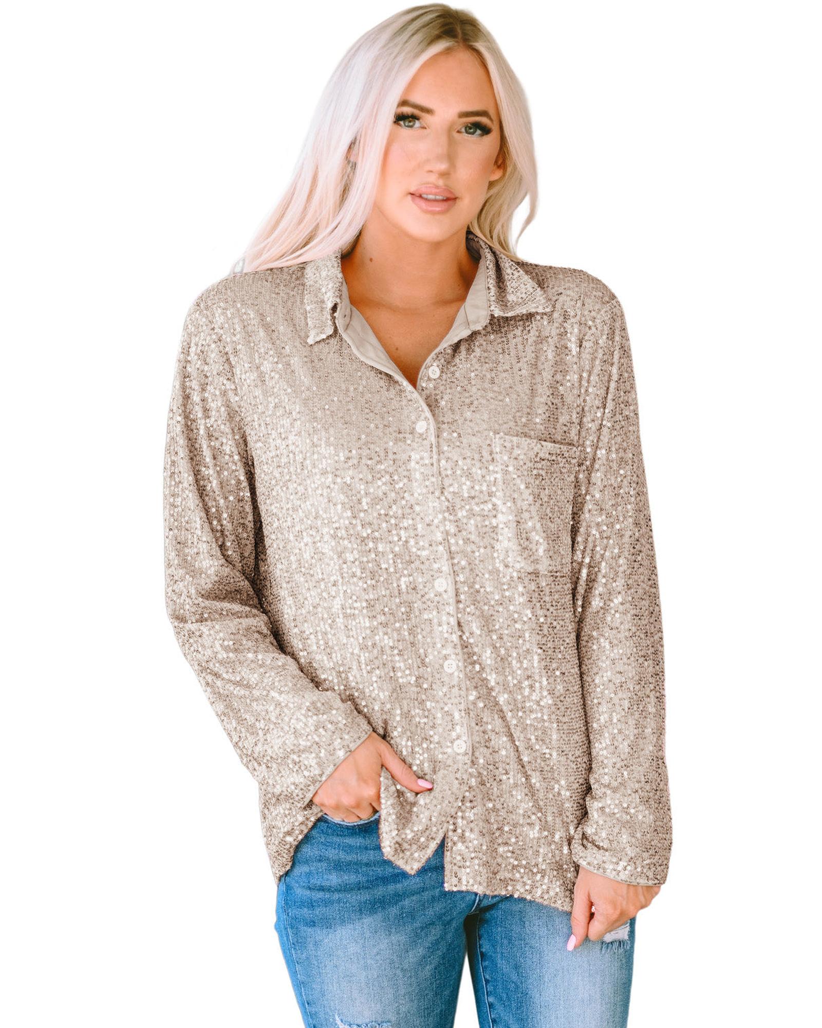 Azura Exchange Sequin Collared Bust Pocket Buttoned Shirt - L