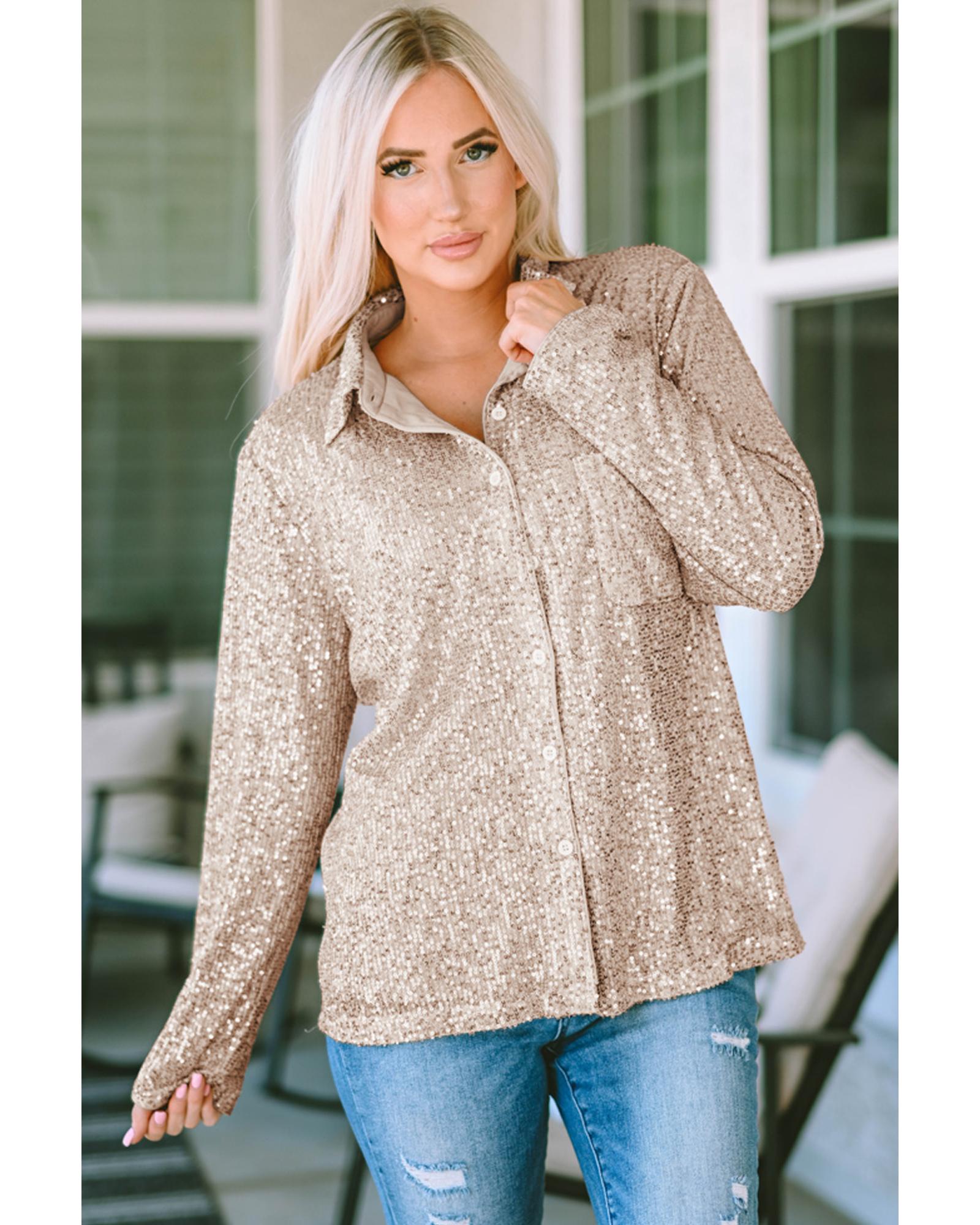 Azura Exchange Sequin Collared Bust Pocket Buttoned Shirt - L