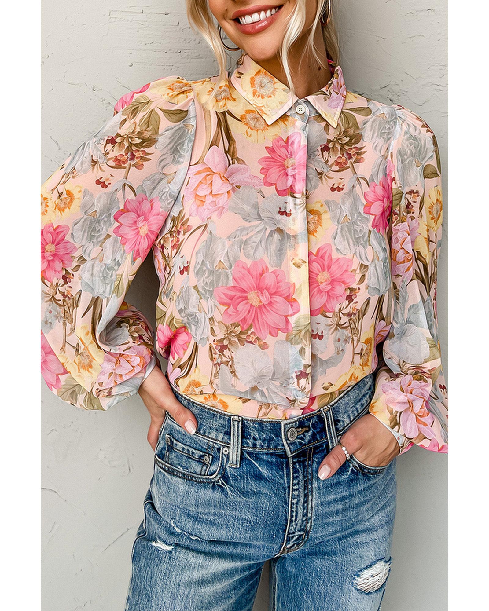 Azura Exchange Floral Collared Shirt with Puff Sleeves - M