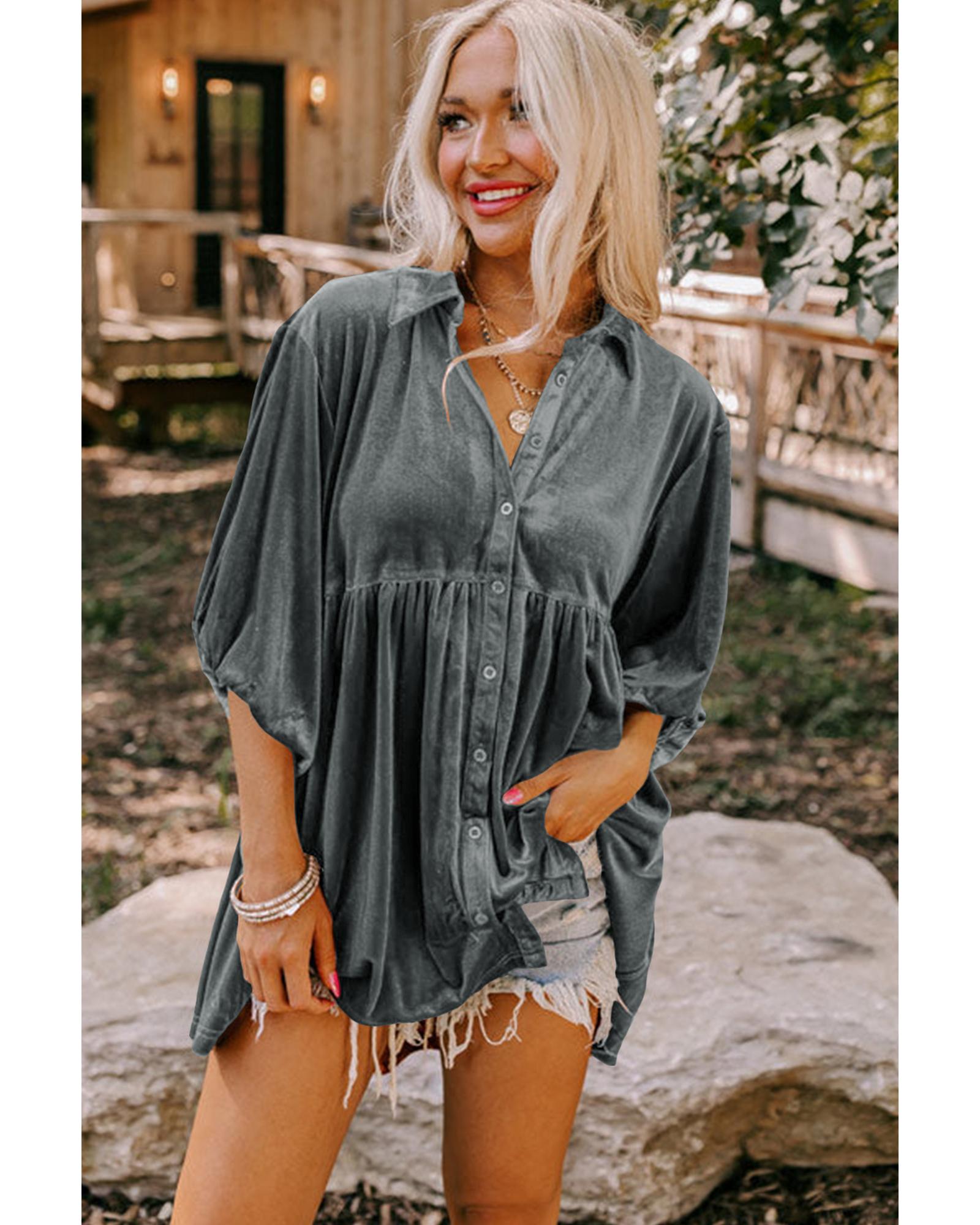 Azura Exchange Dark Grey 3/4 Sleeve Tunic Babydoll Velvet Shirt - S