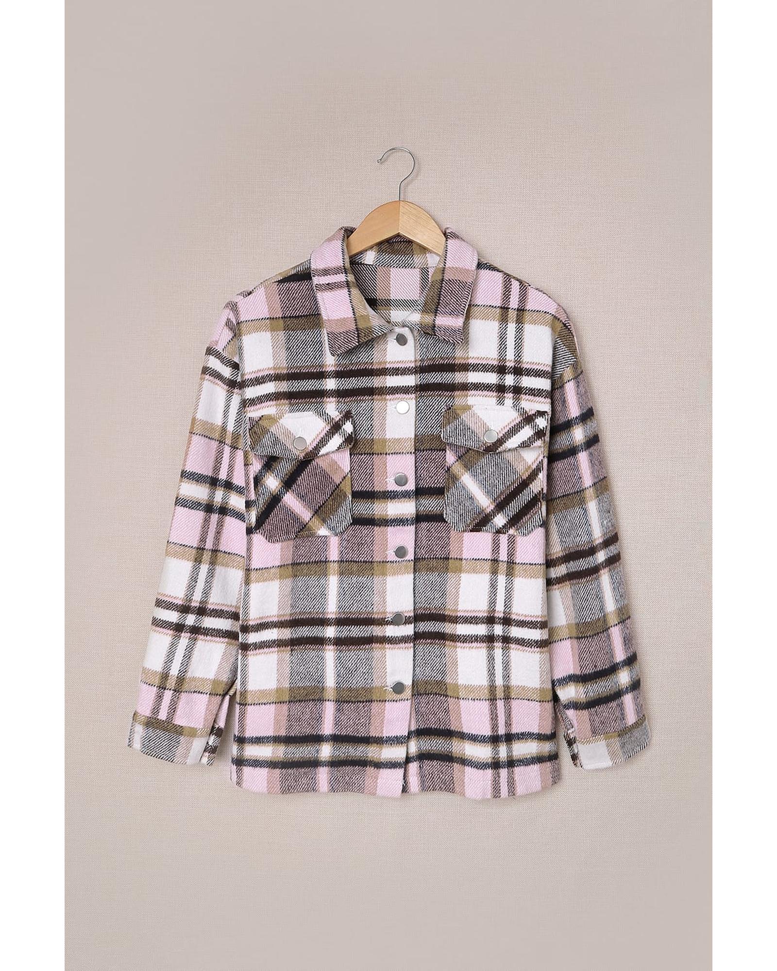 Azura Exchange Pink Geometric Plaid Print Pocketed Shacket - M