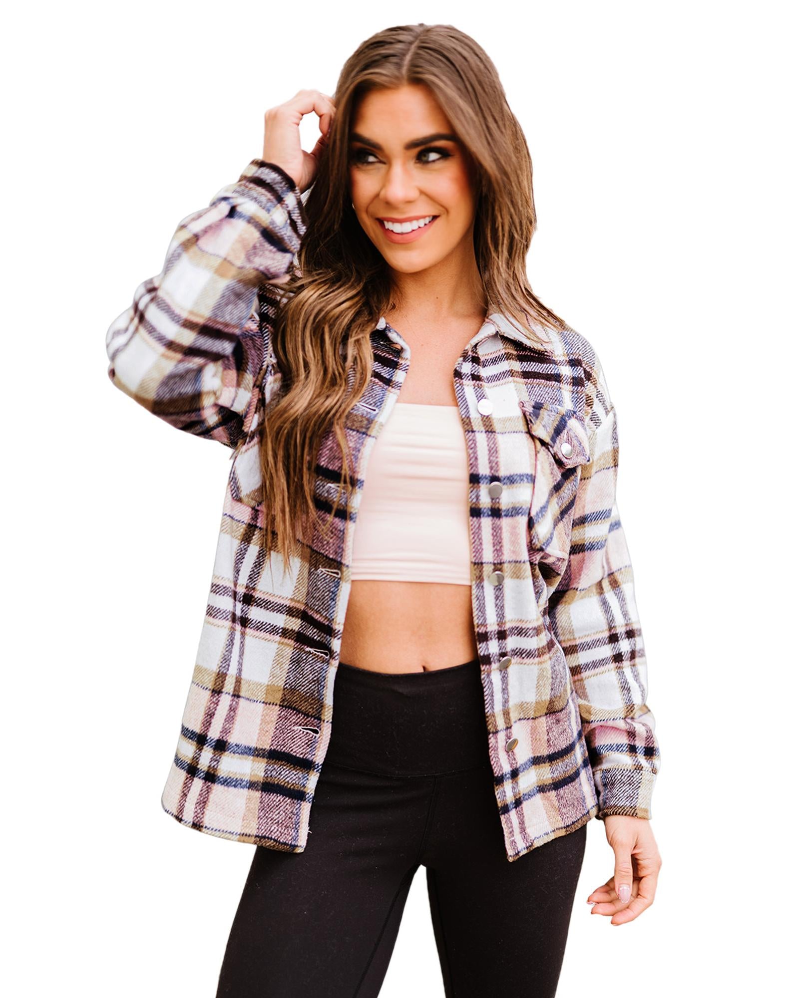 Azura Exchange Pink Geometric Plaid Print Pocketed Shacket - S