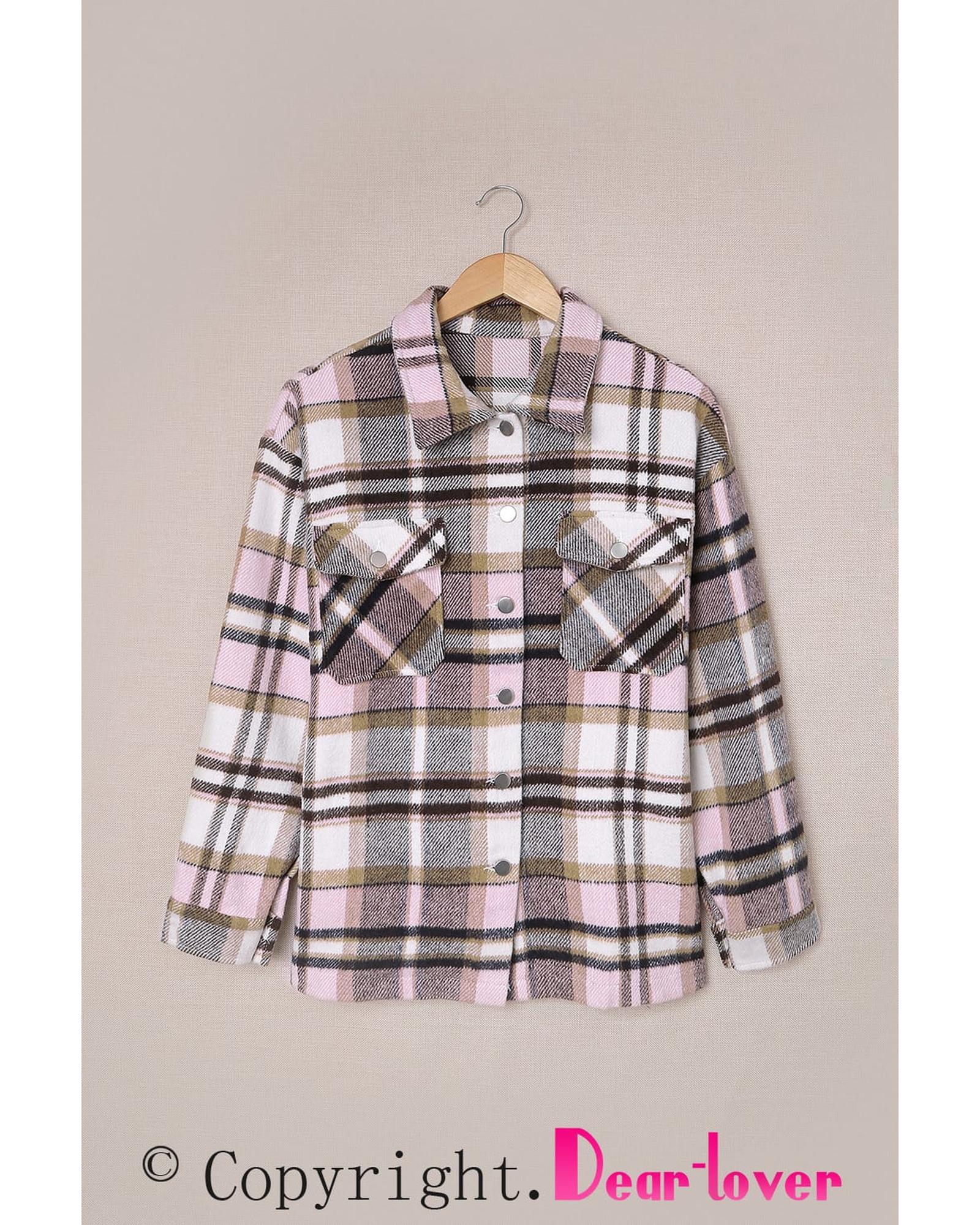 Azura Exchange Pink Geometric Plaid Print Pocketed Shacket - S
