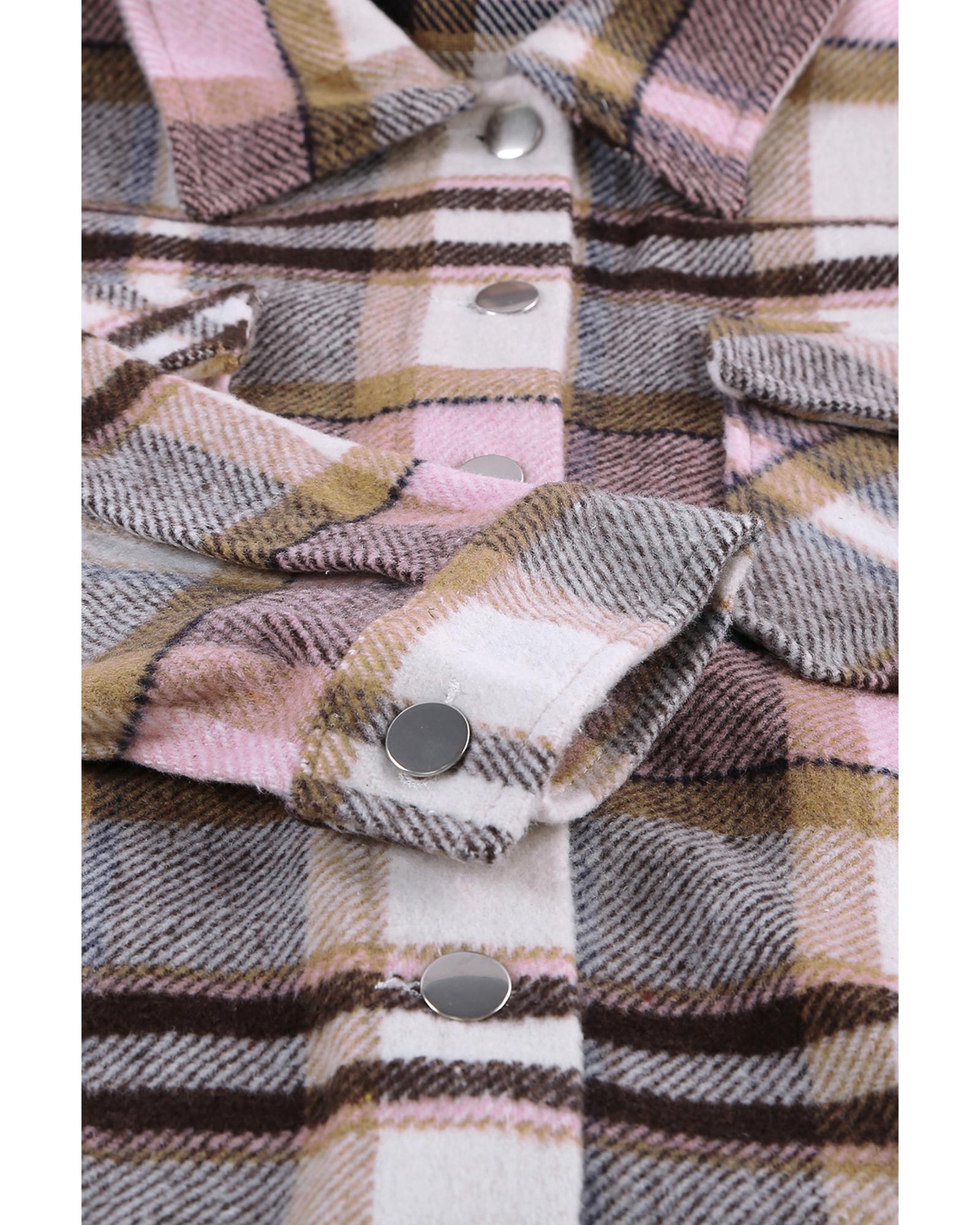 Azura Exchange Pink Geometric Plaid Print Pocketed Shacket - S