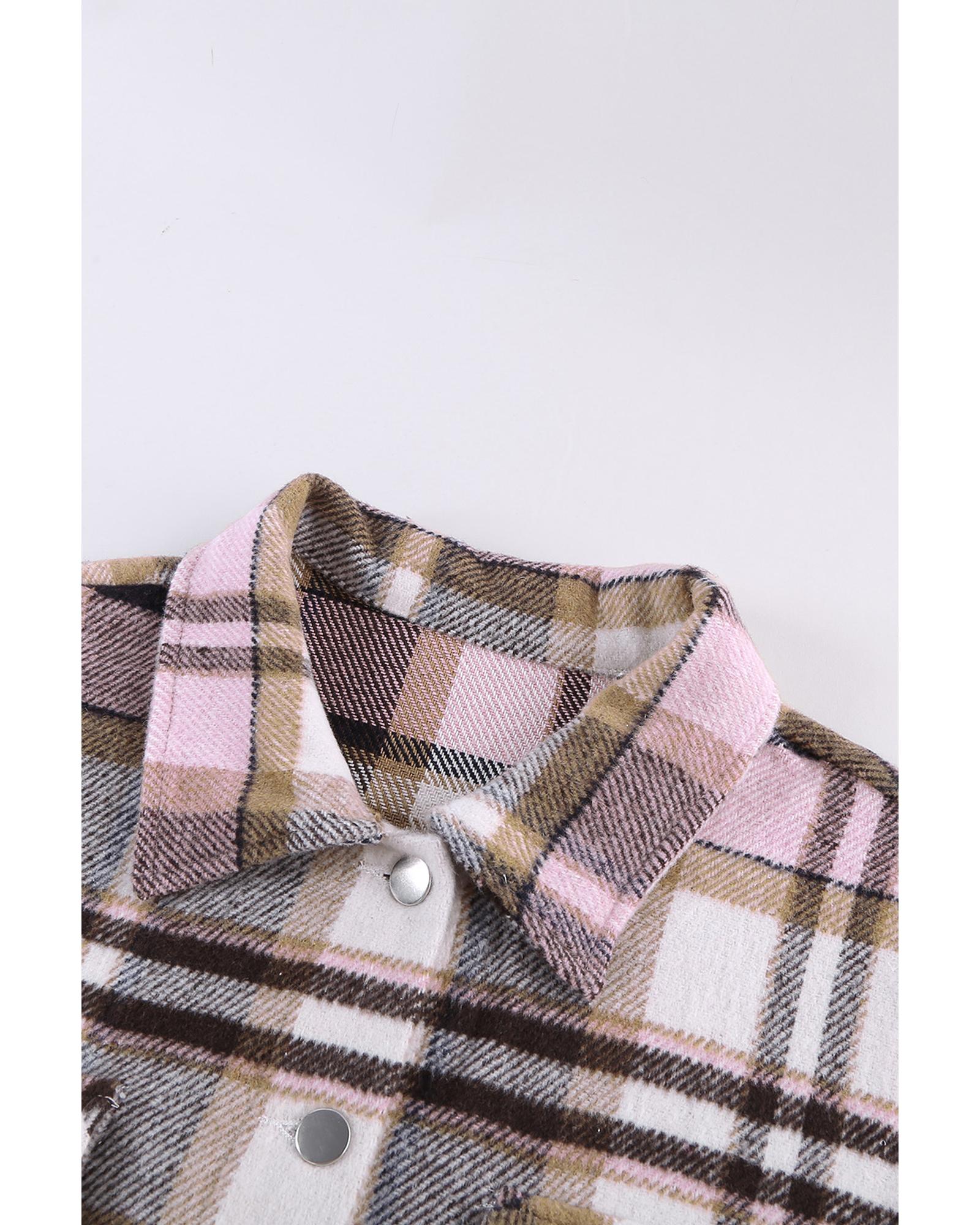 Azura Exchange Pink Geometric Plaid Print Pocketed Shacket - S