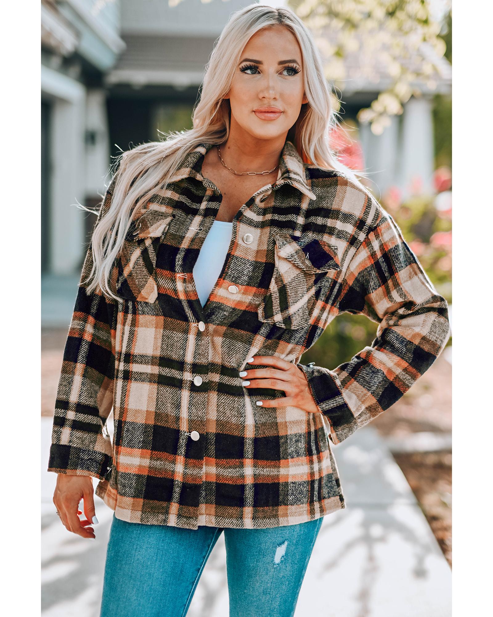 Orange Geometric Plaid Print Pocketed Shacket - M