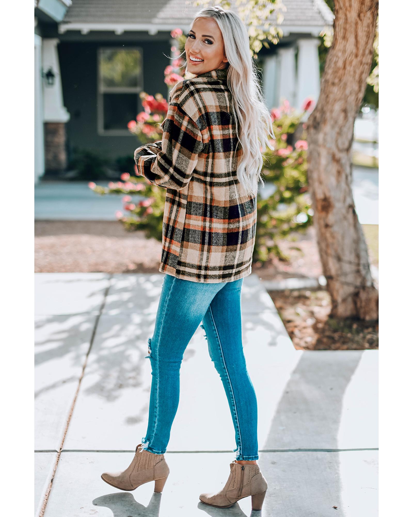 Orange Geometric Plaid Print Pocketed Shacket - M