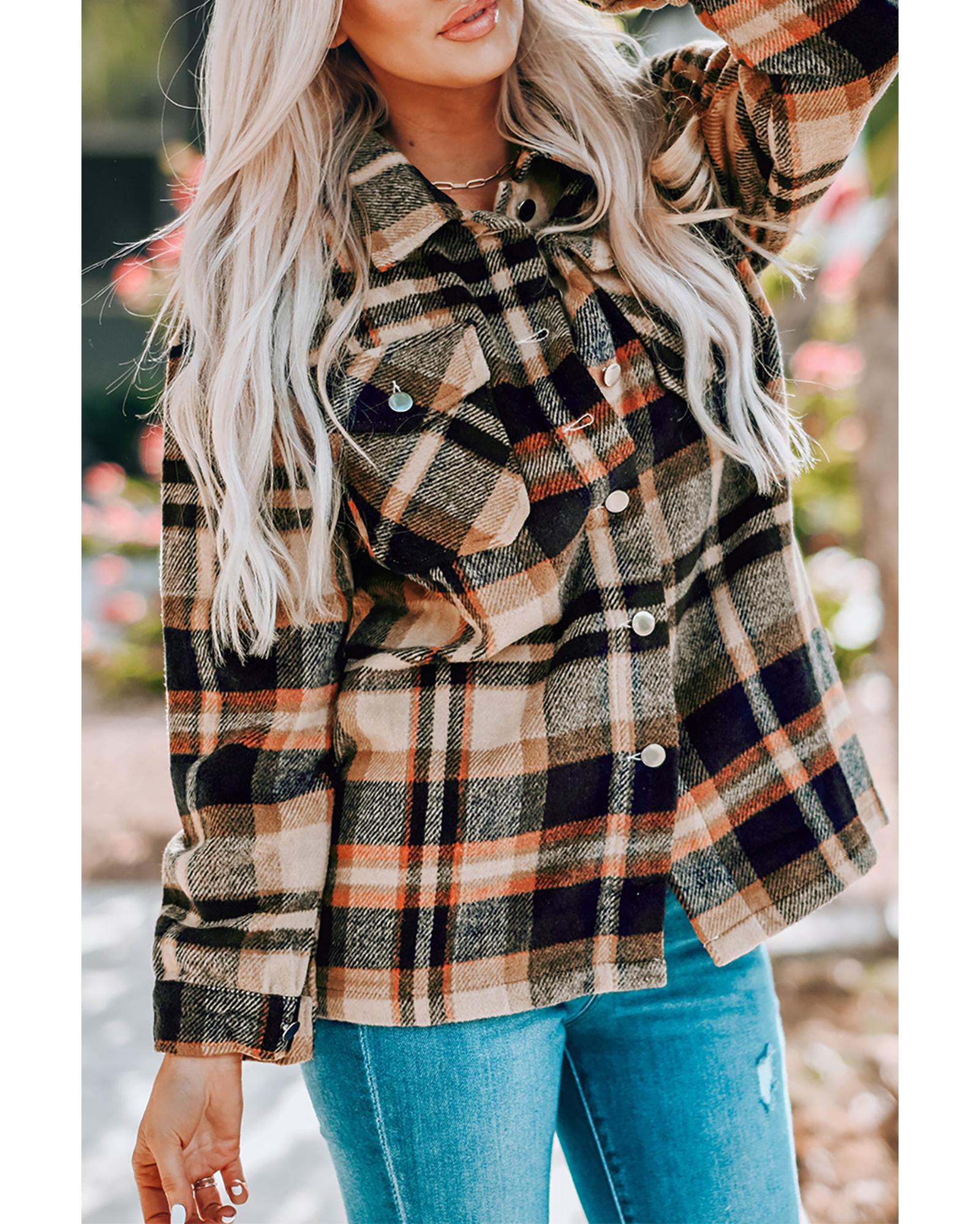 Orange Geometric Plaid Print Pocketed Shacket - M