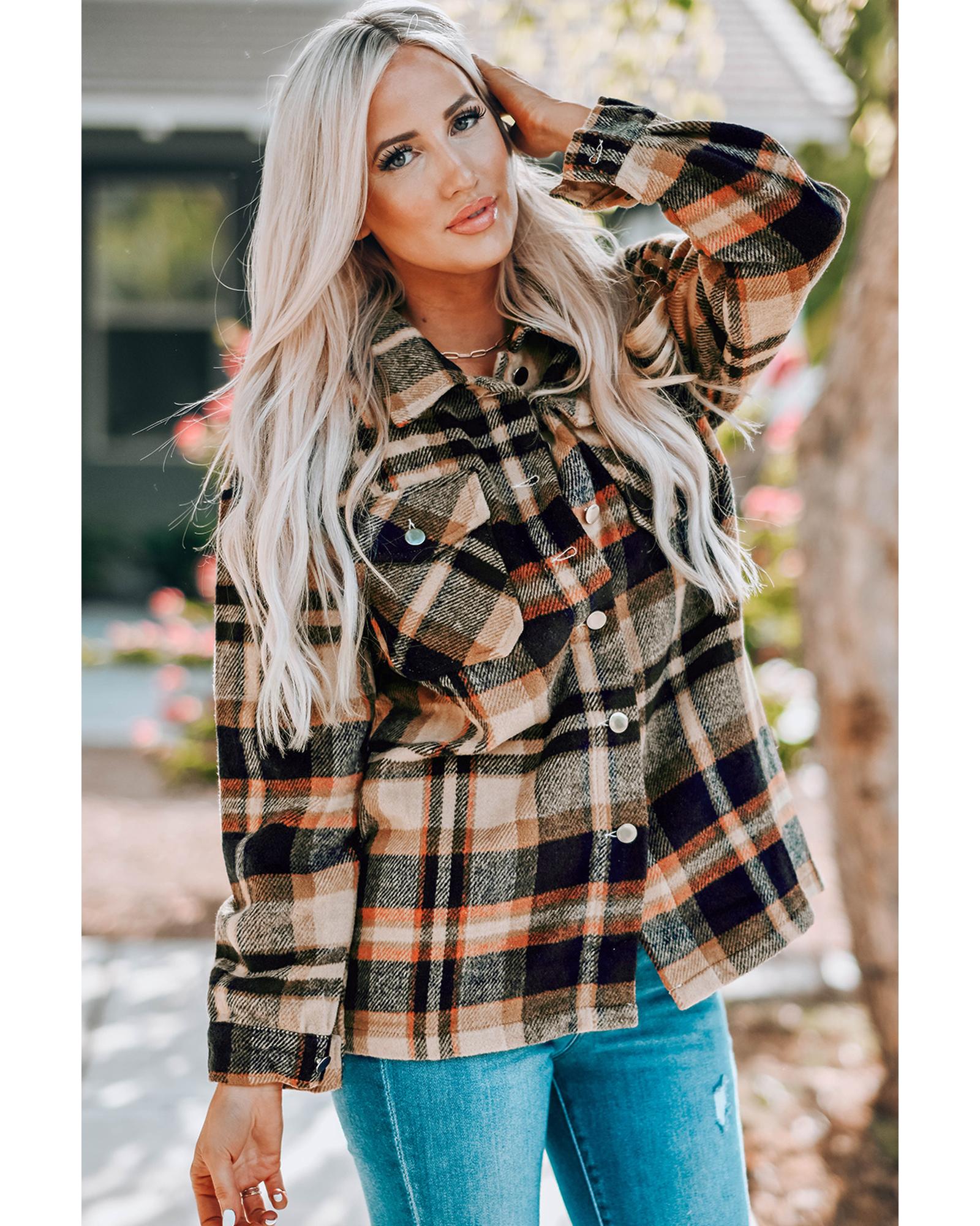 Orange Geometric Plaid Print Pocketed Shacket - M