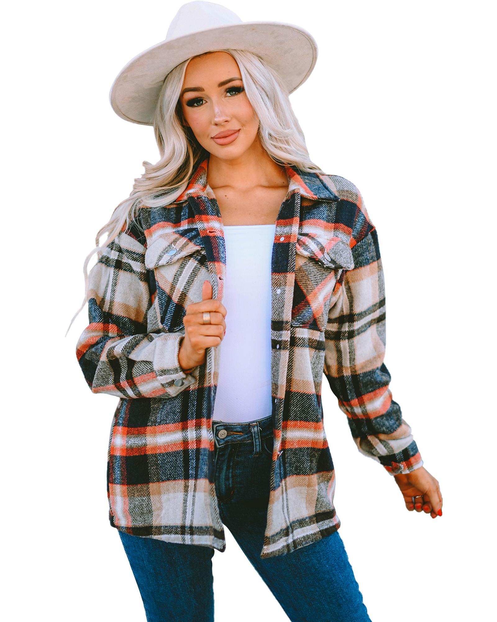 Azura Exchange Khaki Geometric Plaid Print Pocketed Shacket - L