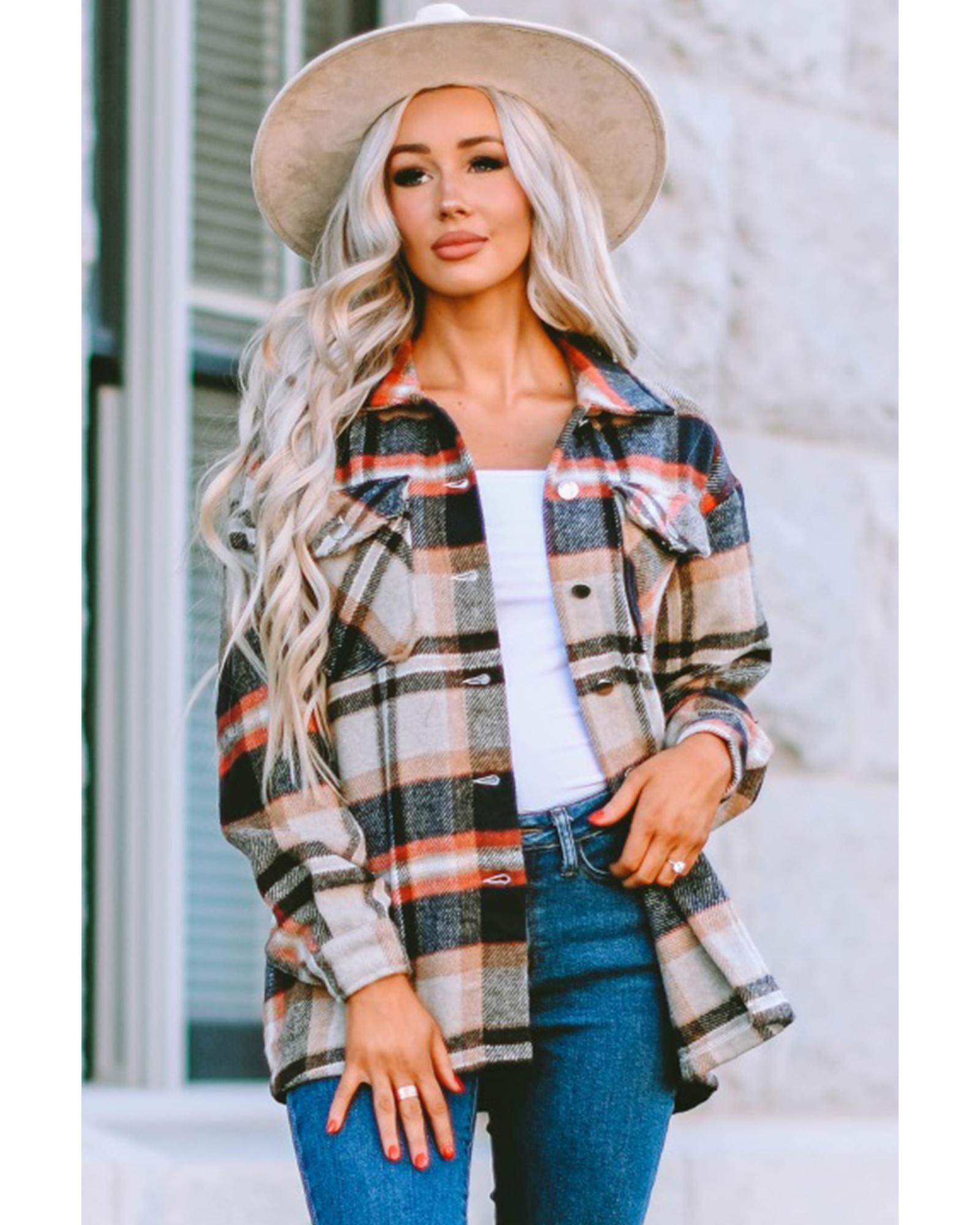 Azura Exchange Khaki Geometric Plaid Print Pocketed Shacket - S