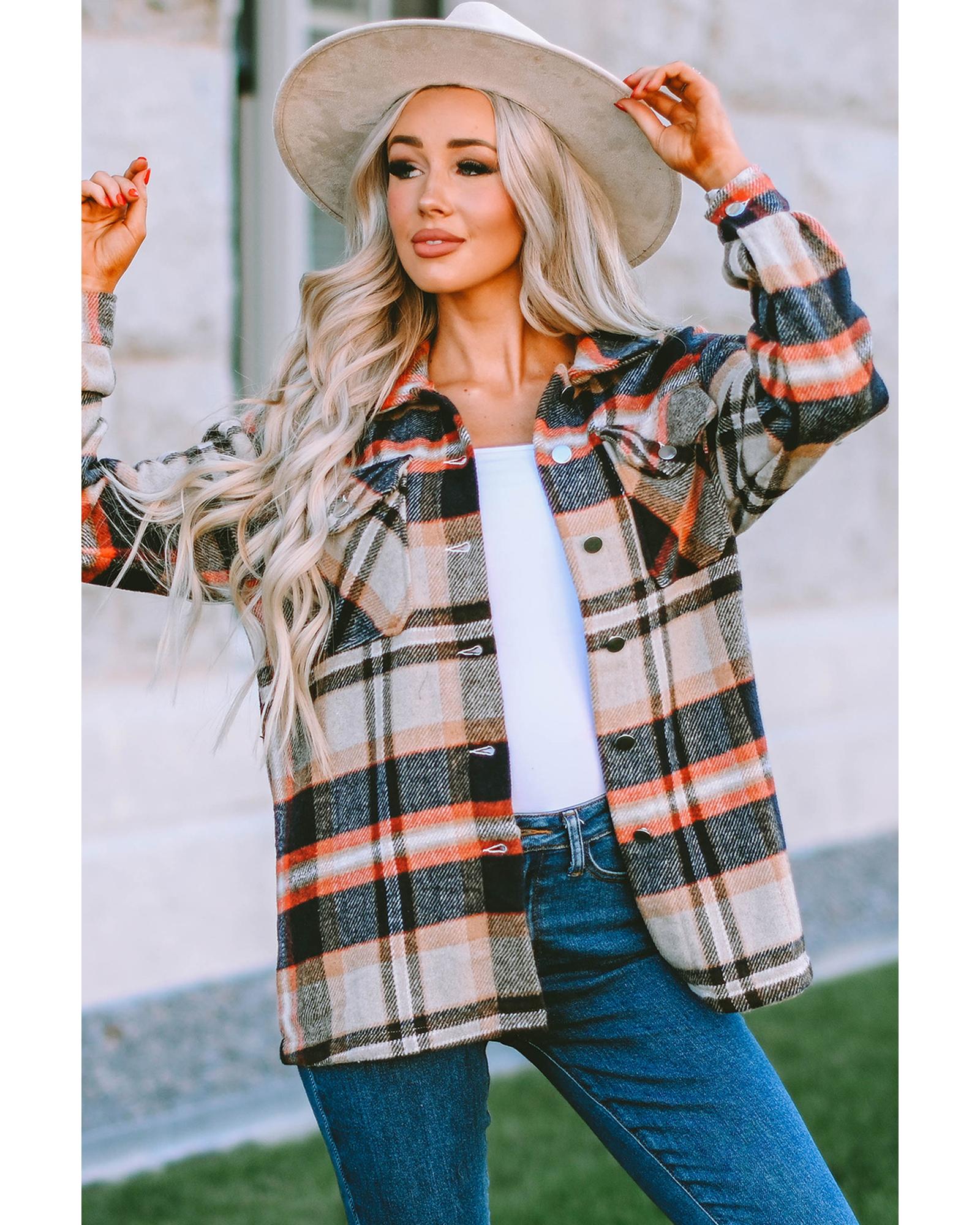 Azura Exchange Khaki Geometric Plaid Print Pocketed Shacket - S