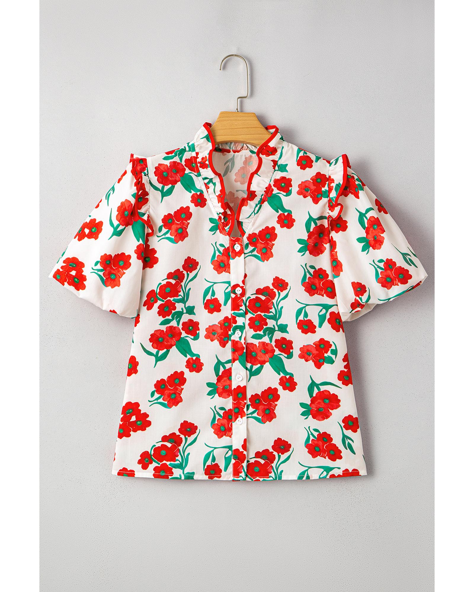 Red Floral Print Ruffled Puff Sleeve Elegant Summer Shirt - S