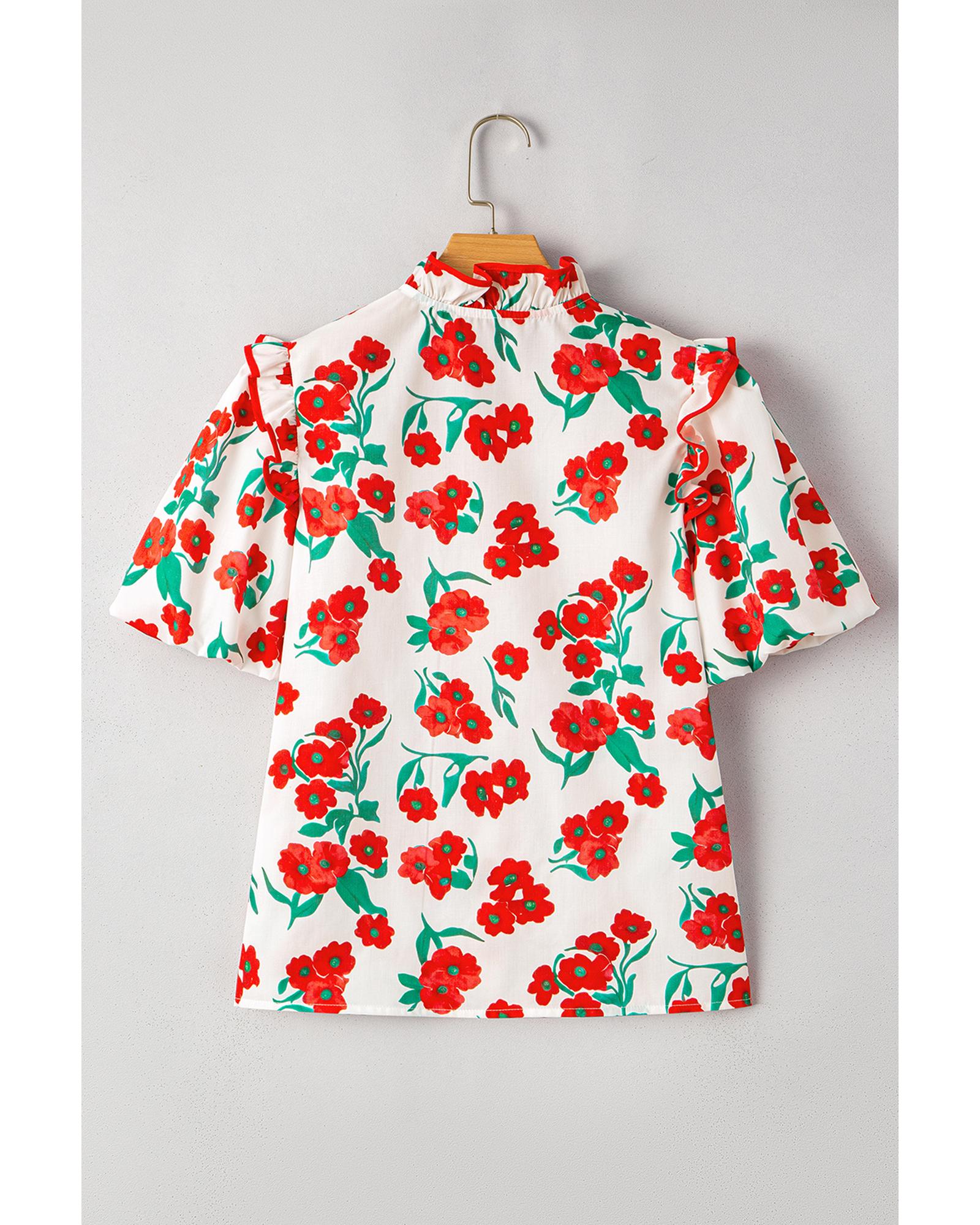 Red Floral Print Ruffled Puff Sleeve Elegant Summer Shirt - S