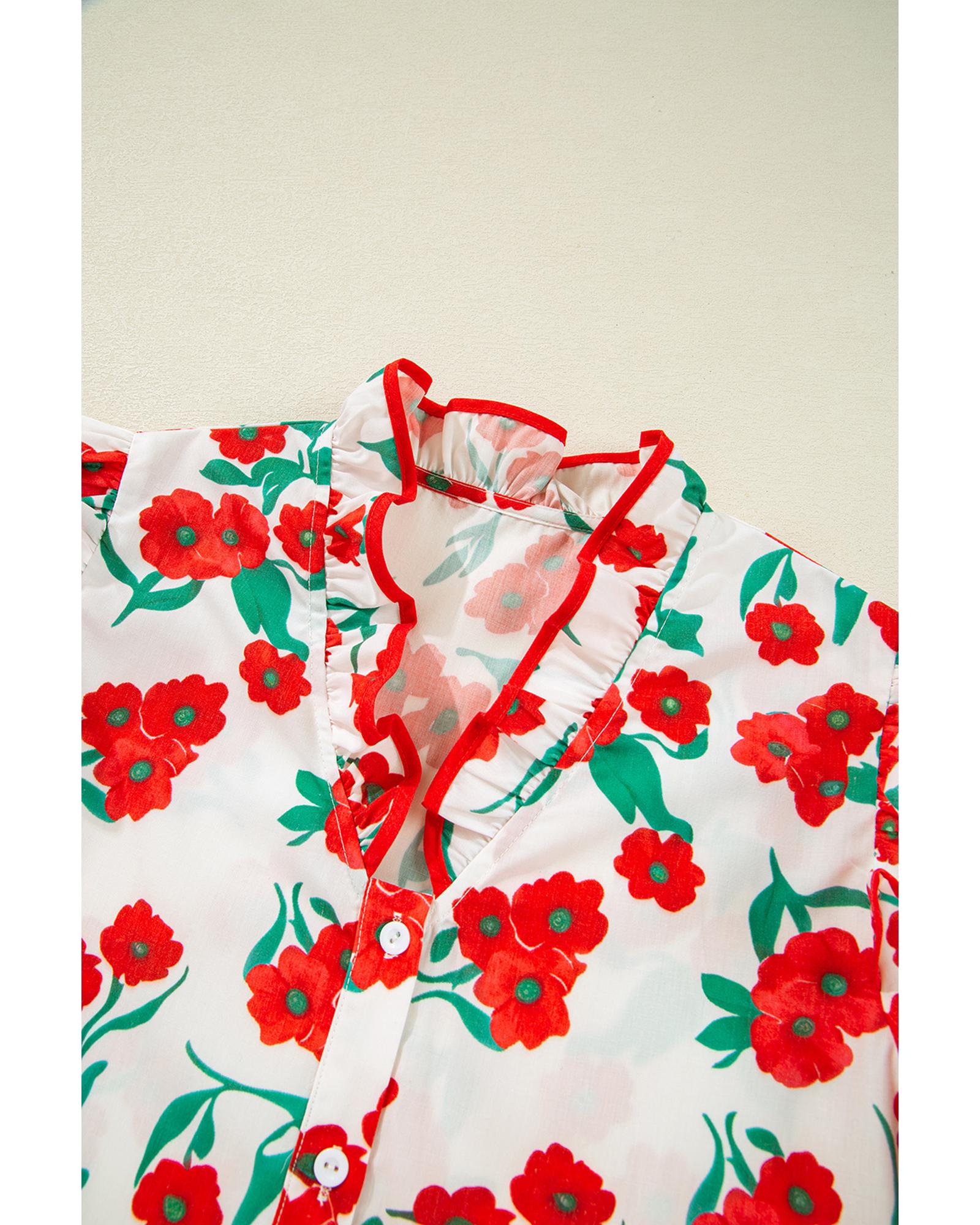 Red Floral Print Ruffled Puff Sleeve Elegant Summer Shirt - S